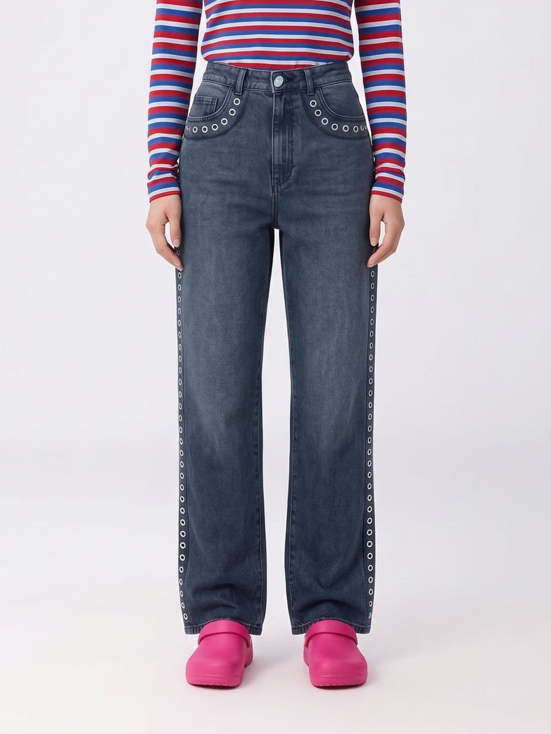 Marni High-Waisted Straight Jeans in Cotton Denim with Eyelets