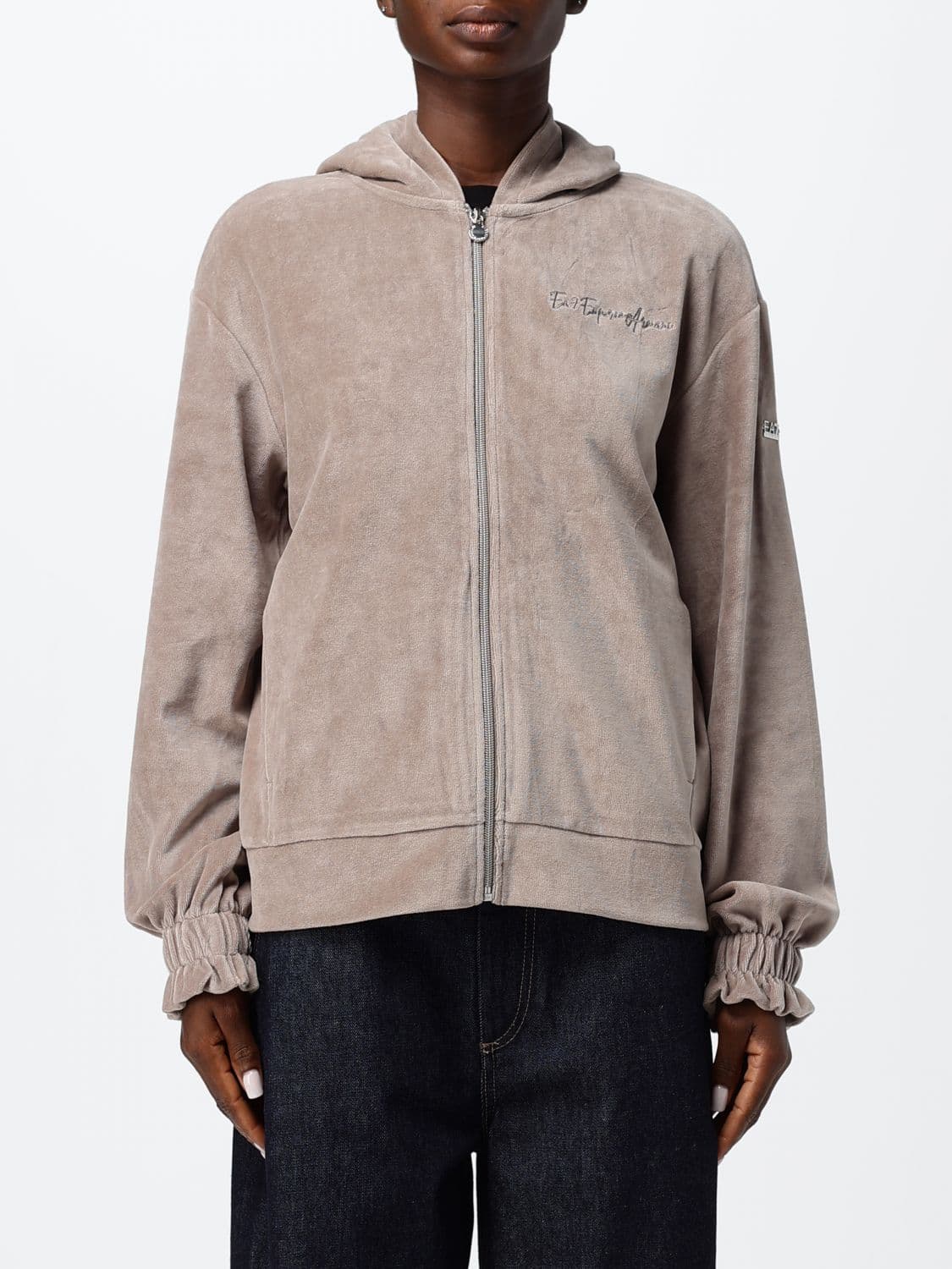 Ea7 Chenille and Velvet Zip-Up Hoodie with Embroidered Logo