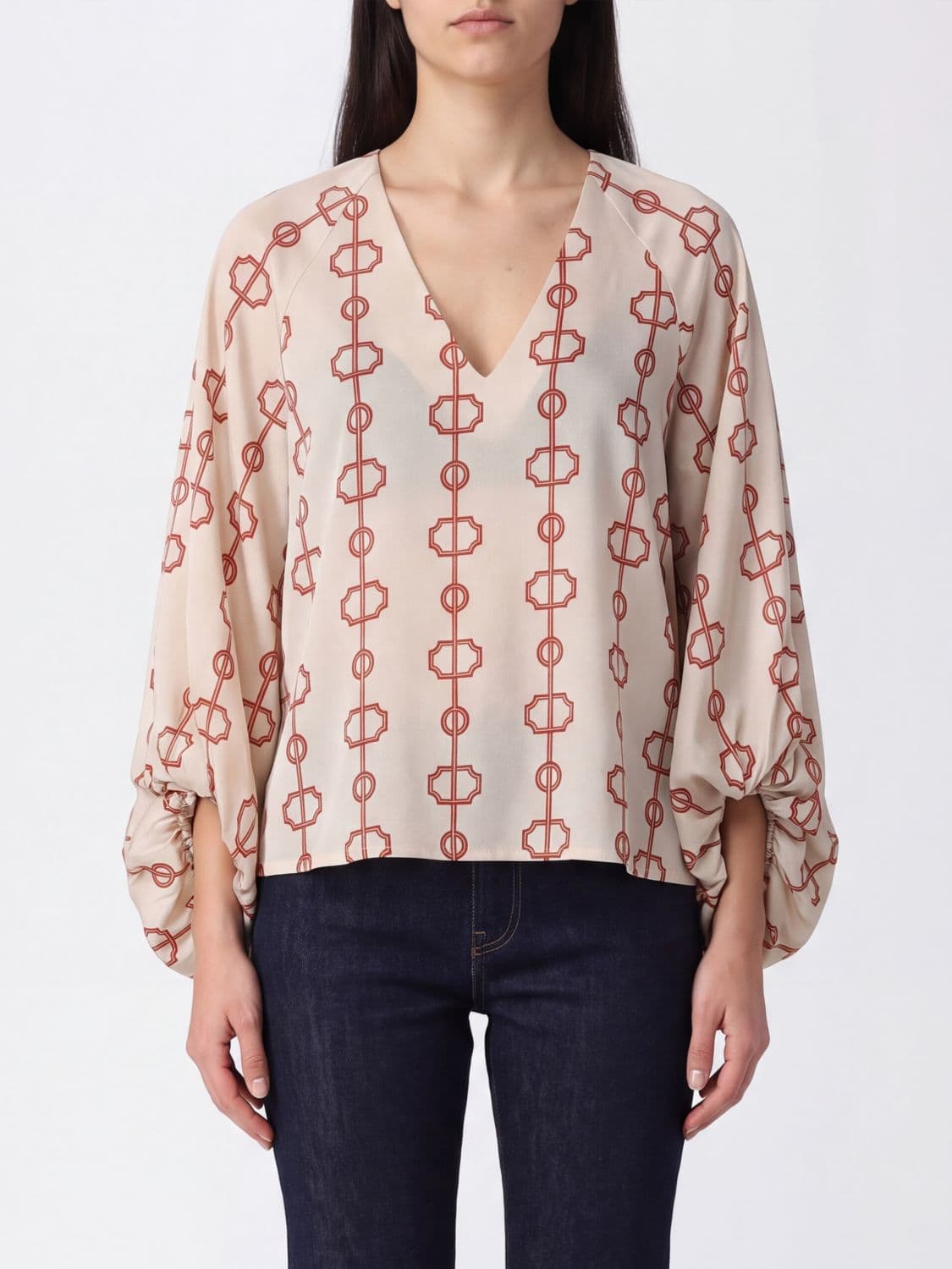By Malene Birger Graphic Print Crêpe V-Neck Blouse