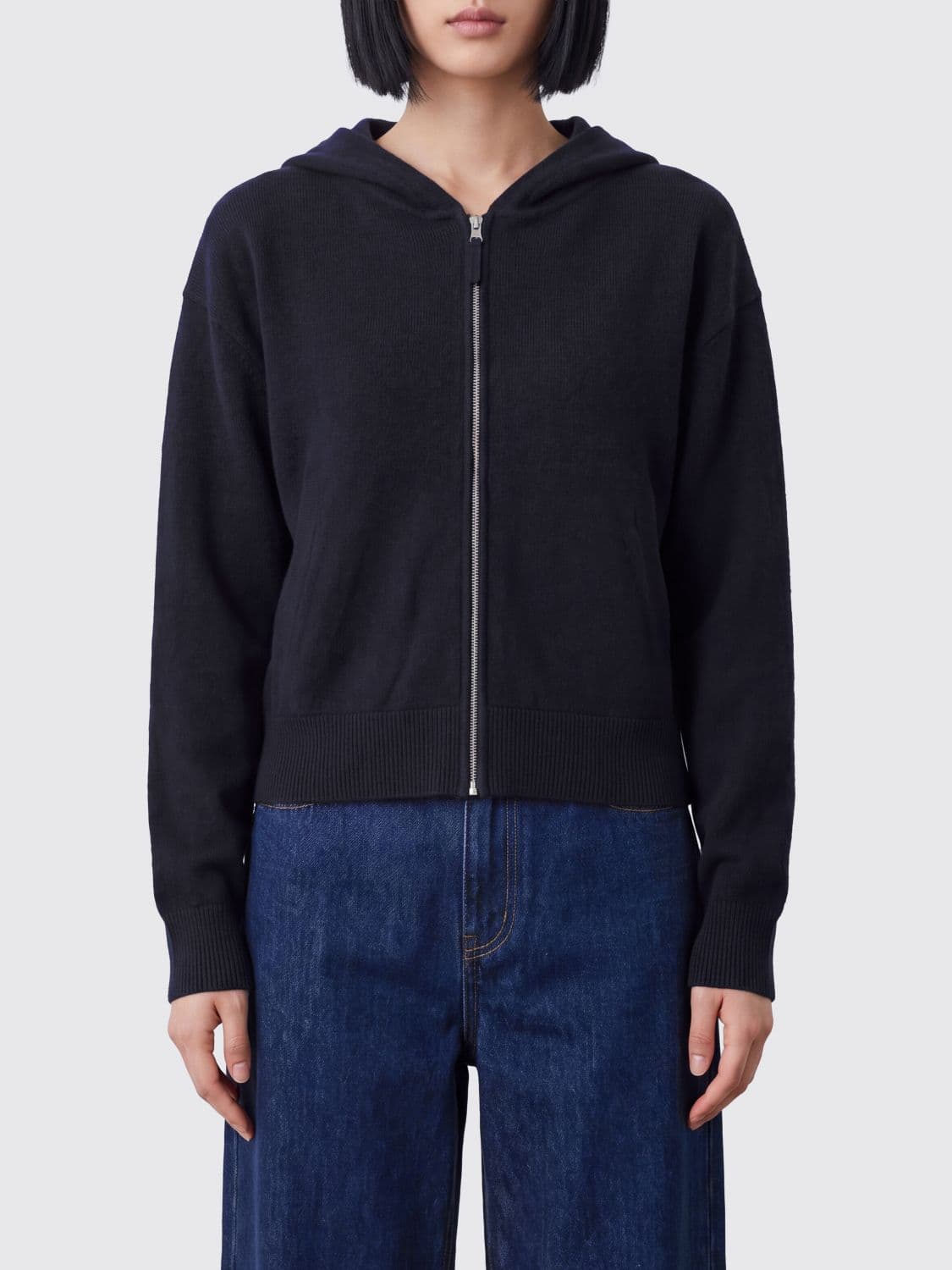 Allude Wool and Cashmere Knit Hooded Cardigan with Zip Closure