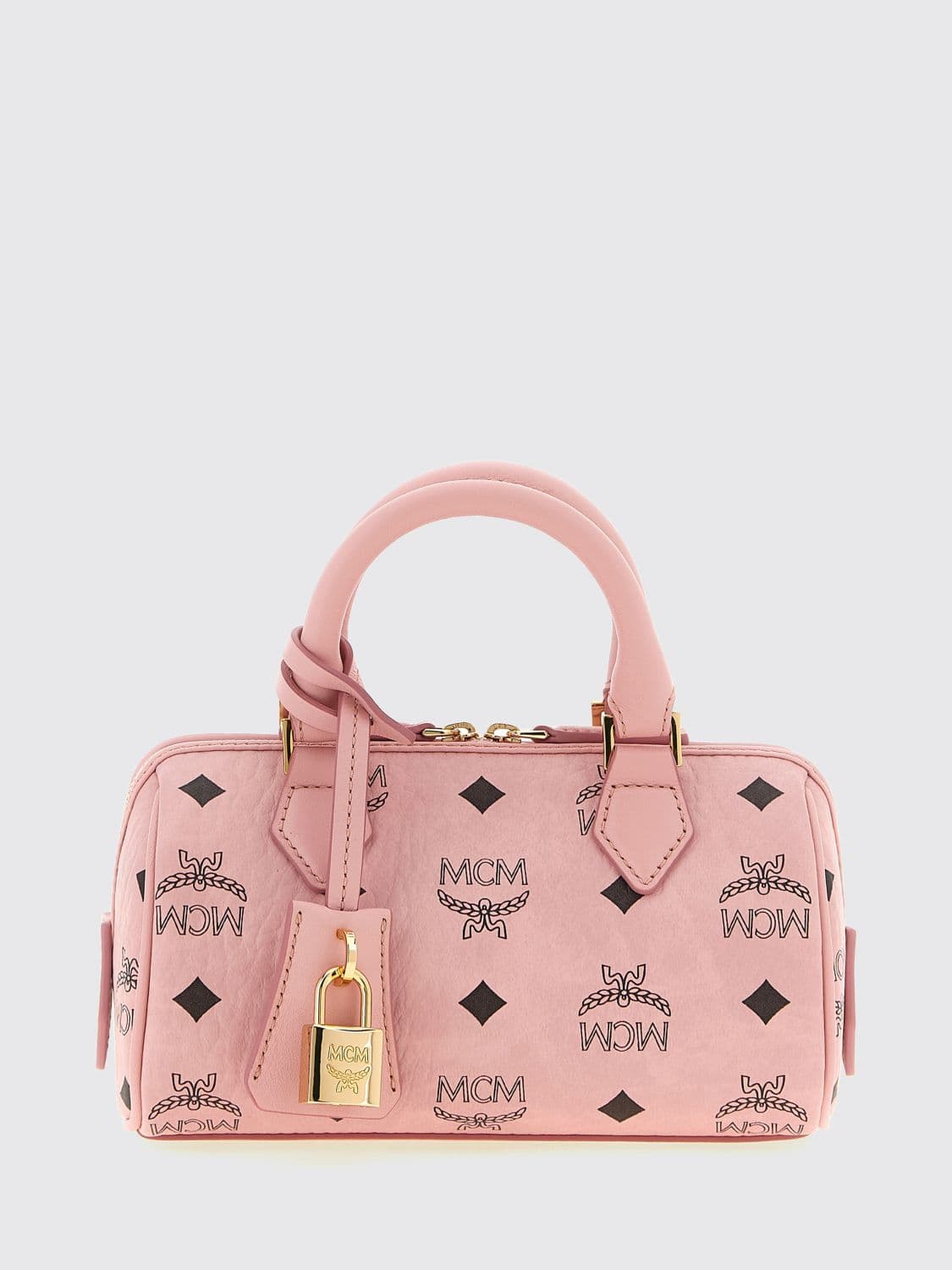 Mcm Ella Mini Boston Bag in Logo-Print Coated Cotton with Padlock and Key