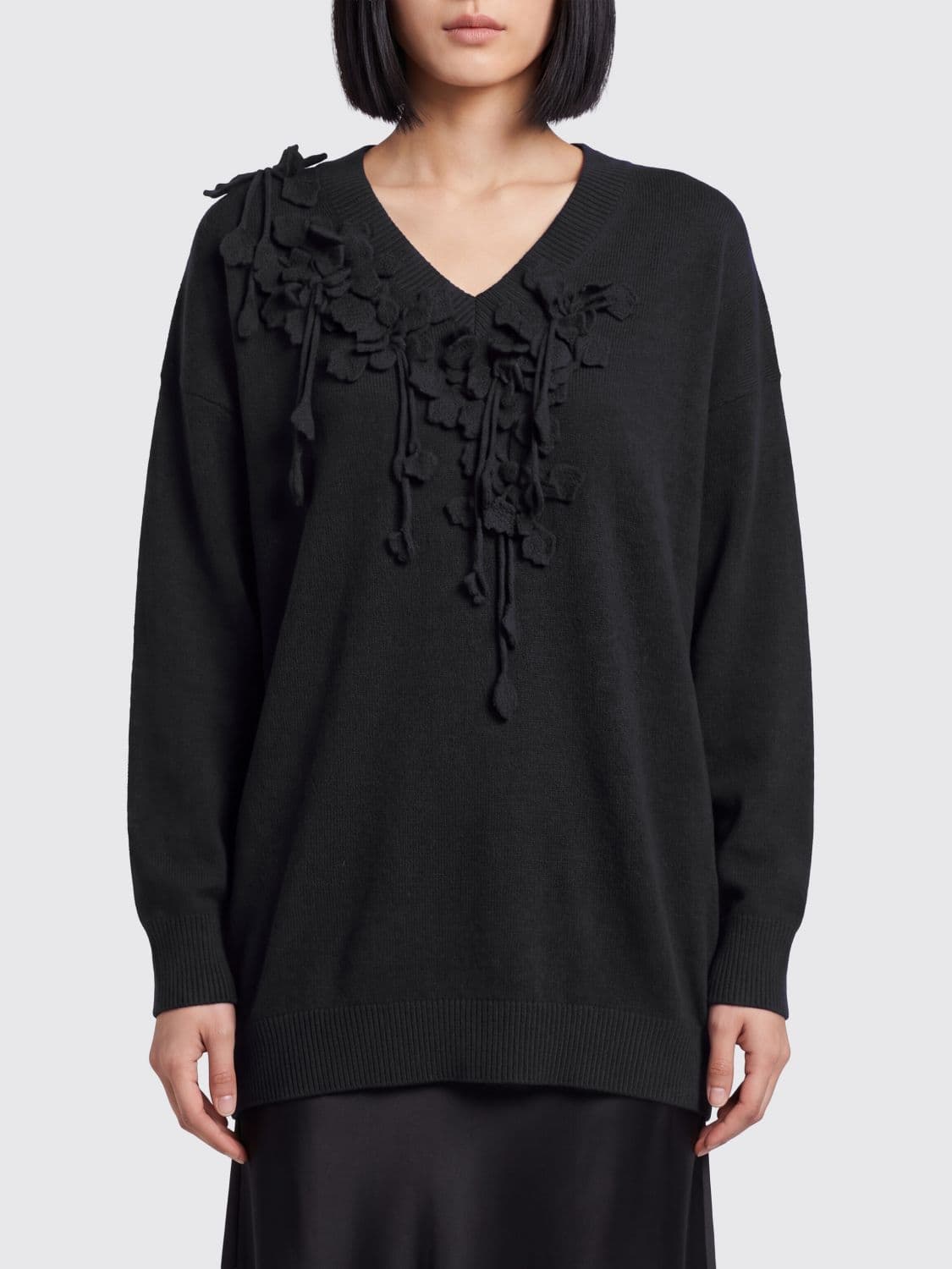 Alberta Ferretti V-Neck Wool Knit Mini Dress with Flower Appliqué