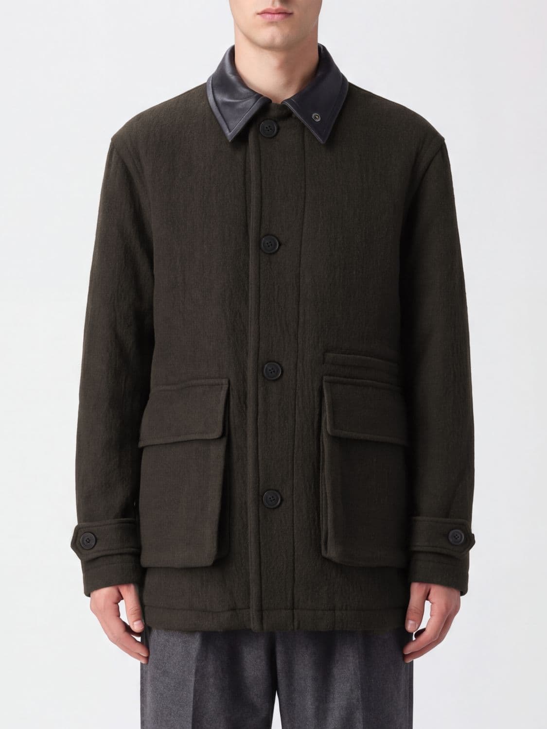 Coor Single-Breasted Wool-Blend Short Coat with Leather Collar