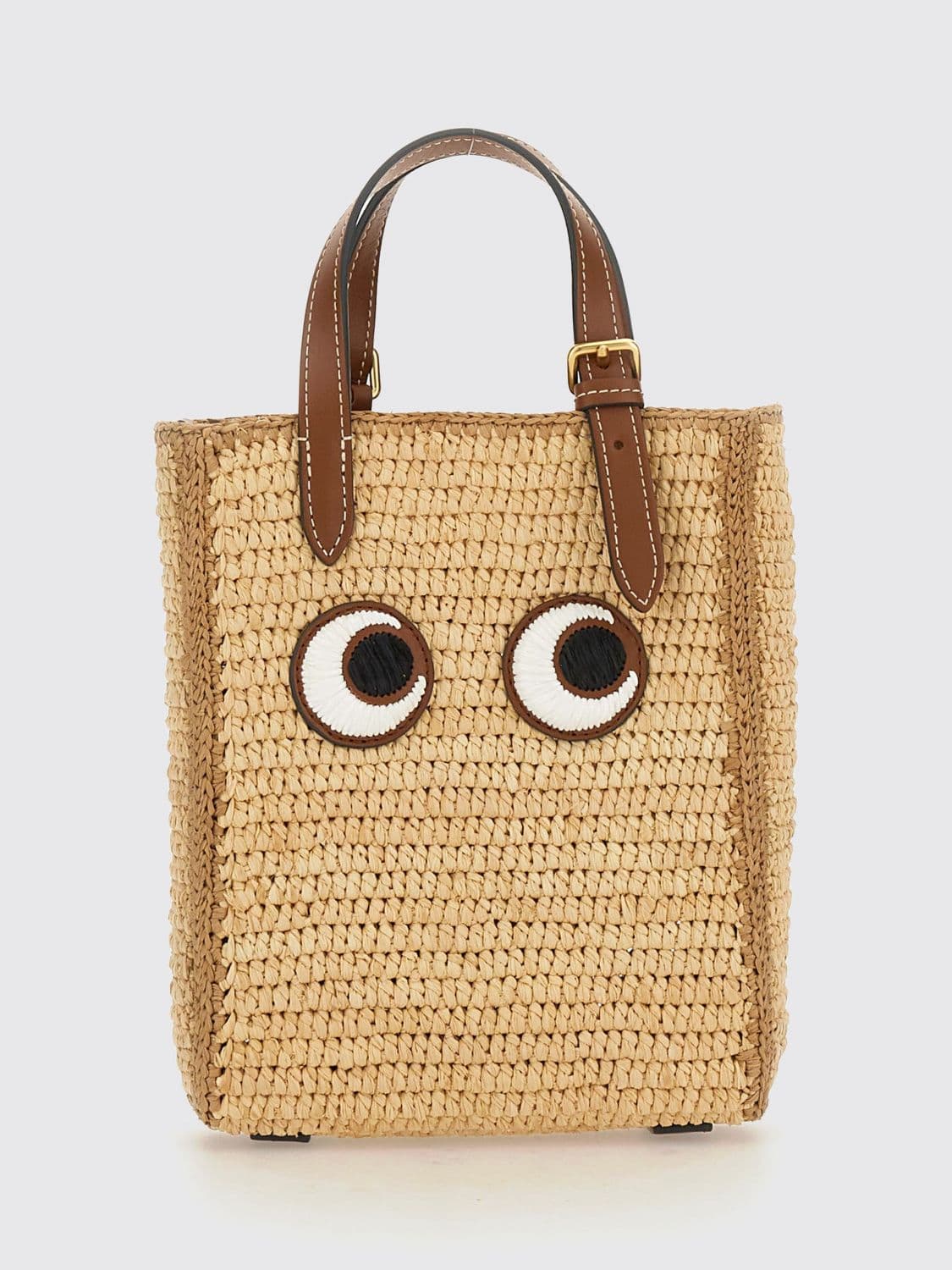 Anya Hindmarch Eyes Raffia Mini Handbag with Graphic Print and Double Handle