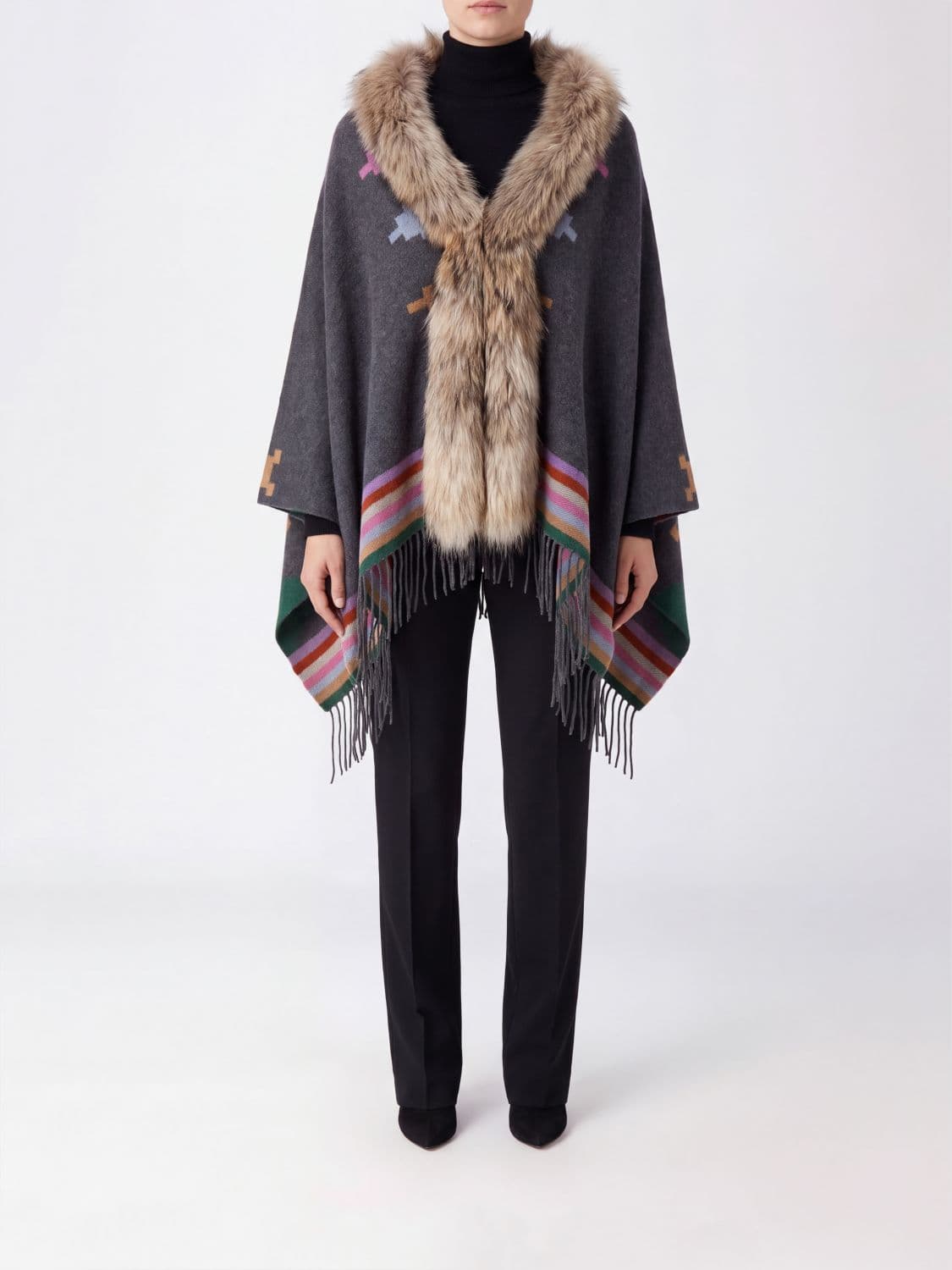 Bazar Deluxe Jacquard Wool Cape with Fur Collar and Fringed Hem