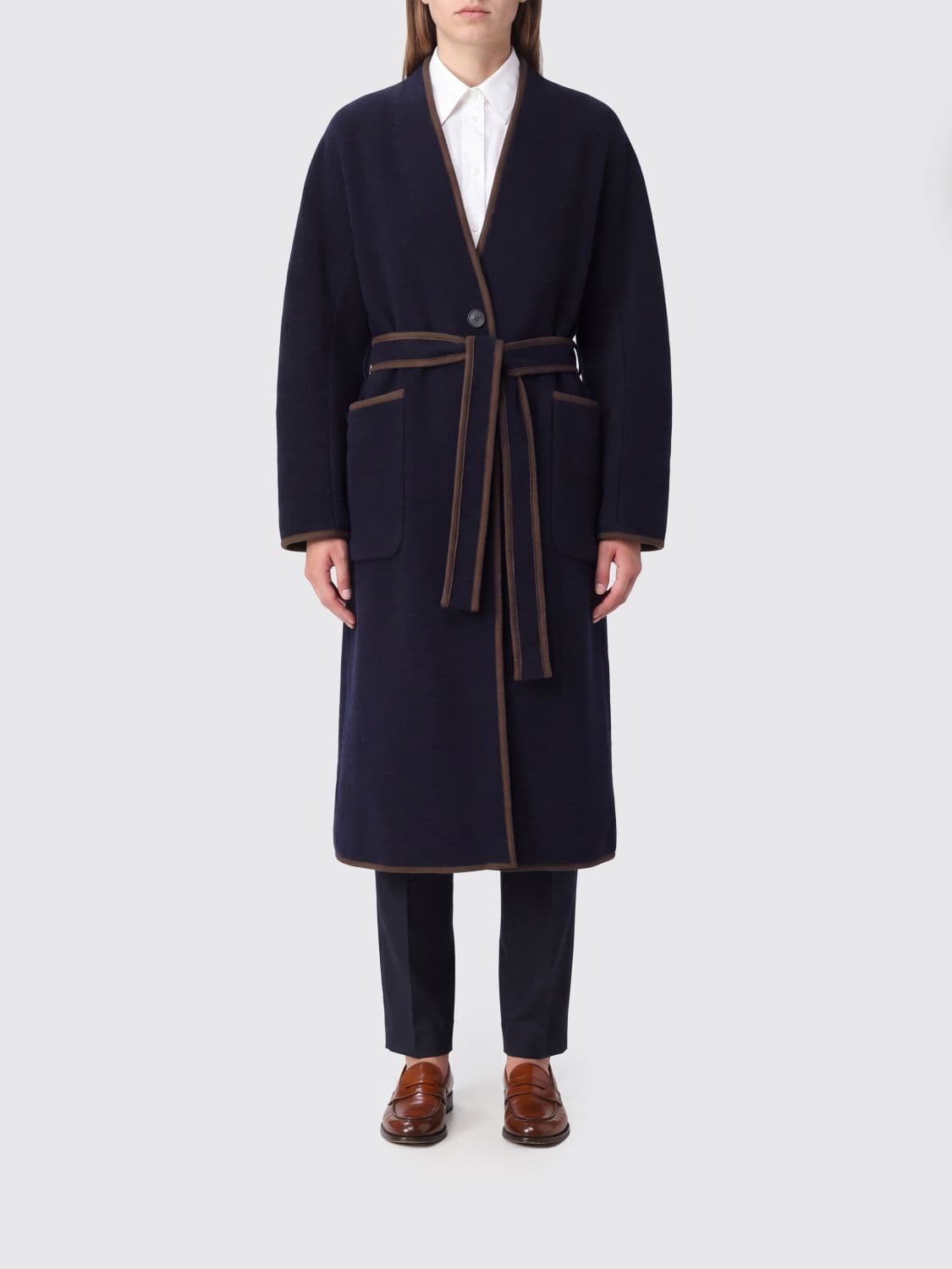 Bazar Deluxe Single-Breasted Long Coat in Wool and Yak with Belt and Contrast Trims