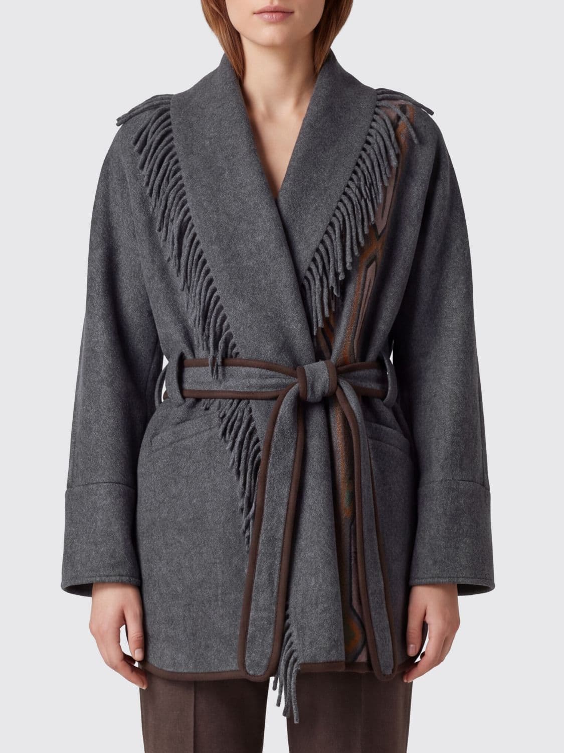 Bazar Deluxe Short Robe Coat in Jacquard Wool and Yak with Fringes
