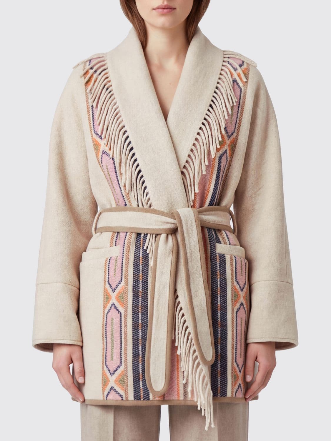 Bazar Deluxe Short Robe Coat in Jacquard Wool and Yak with Fringes