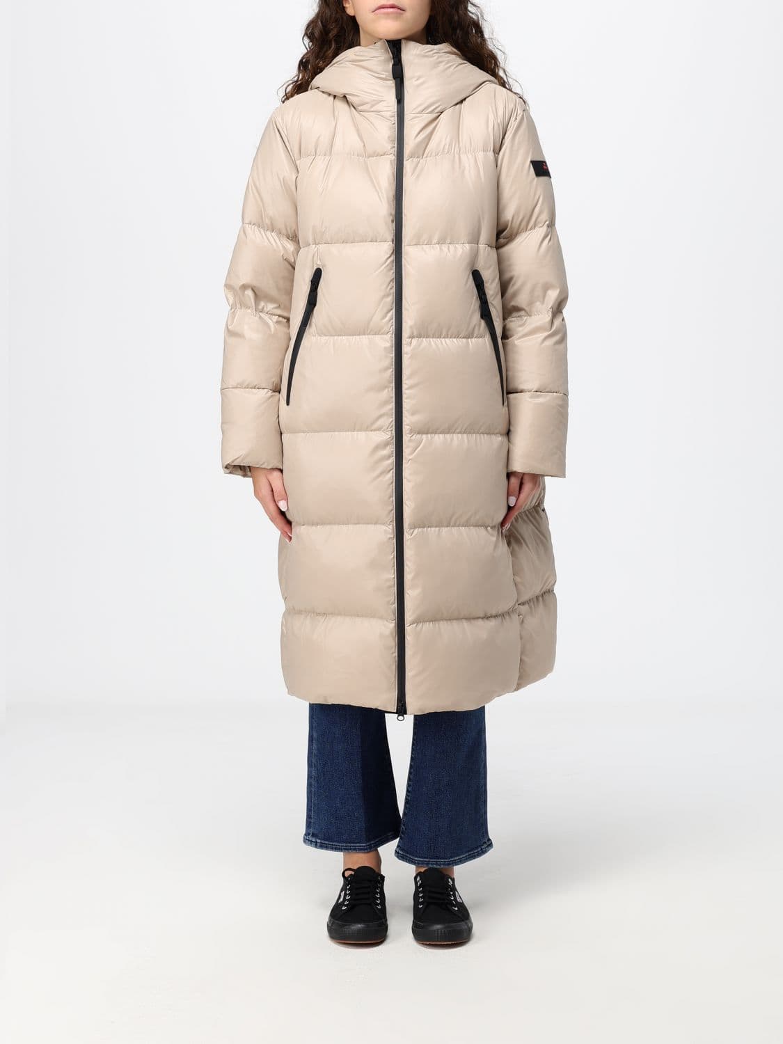 Peuterey Long Quilted Nylon Down Jacket with Hood and Feather Padding