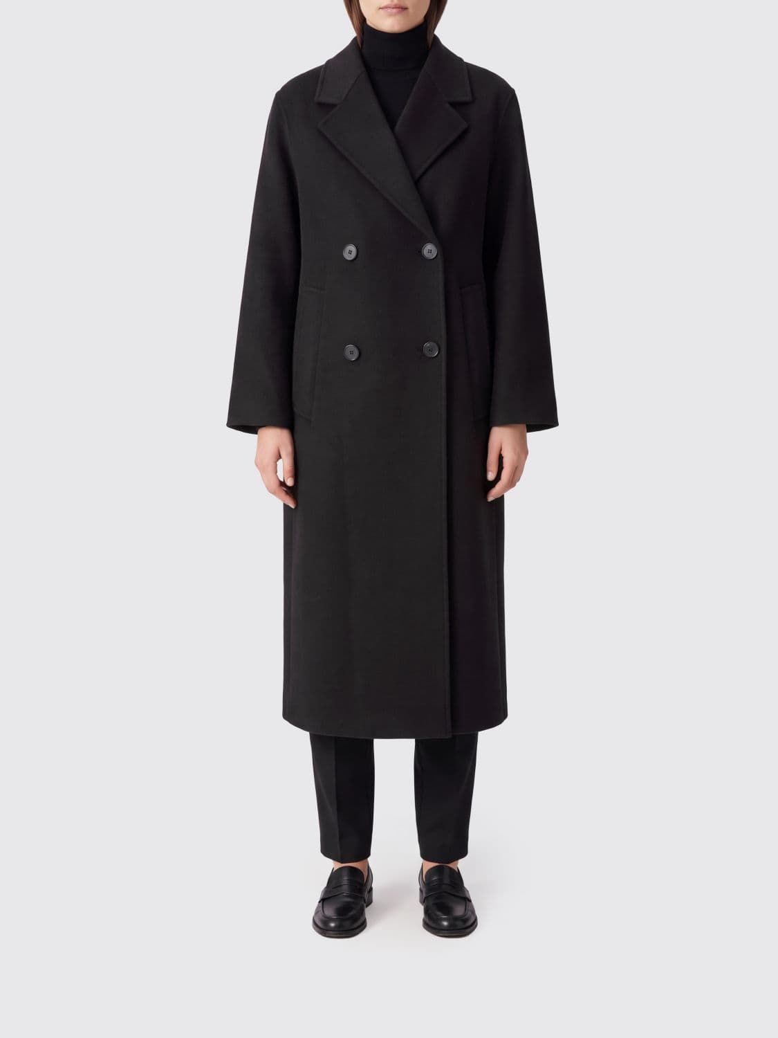 Ivy Oak Double-Breasted Long Coat in Pure Wool with Lapel Collar