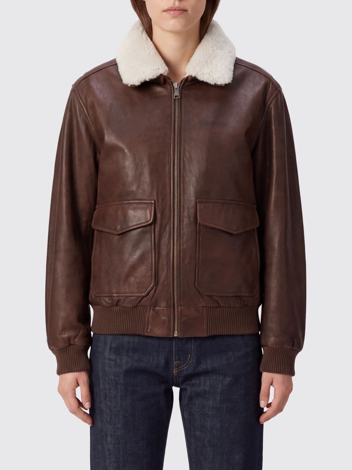 Tela Lambskin Bomber Jacket with Fur Collar and Patch Pockets