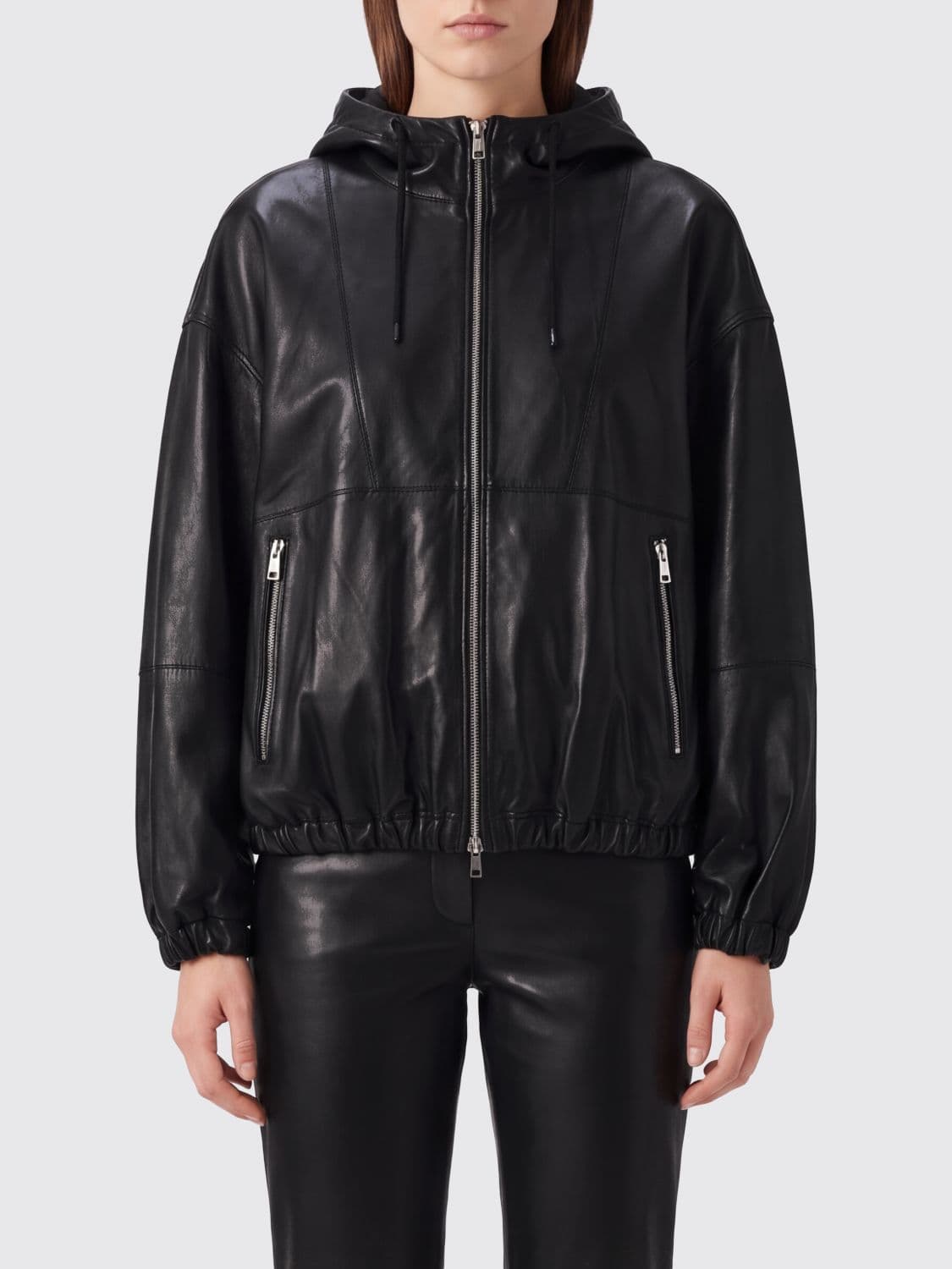 Tela Short Lambskin Leather Jacket with Hood and Drawstring