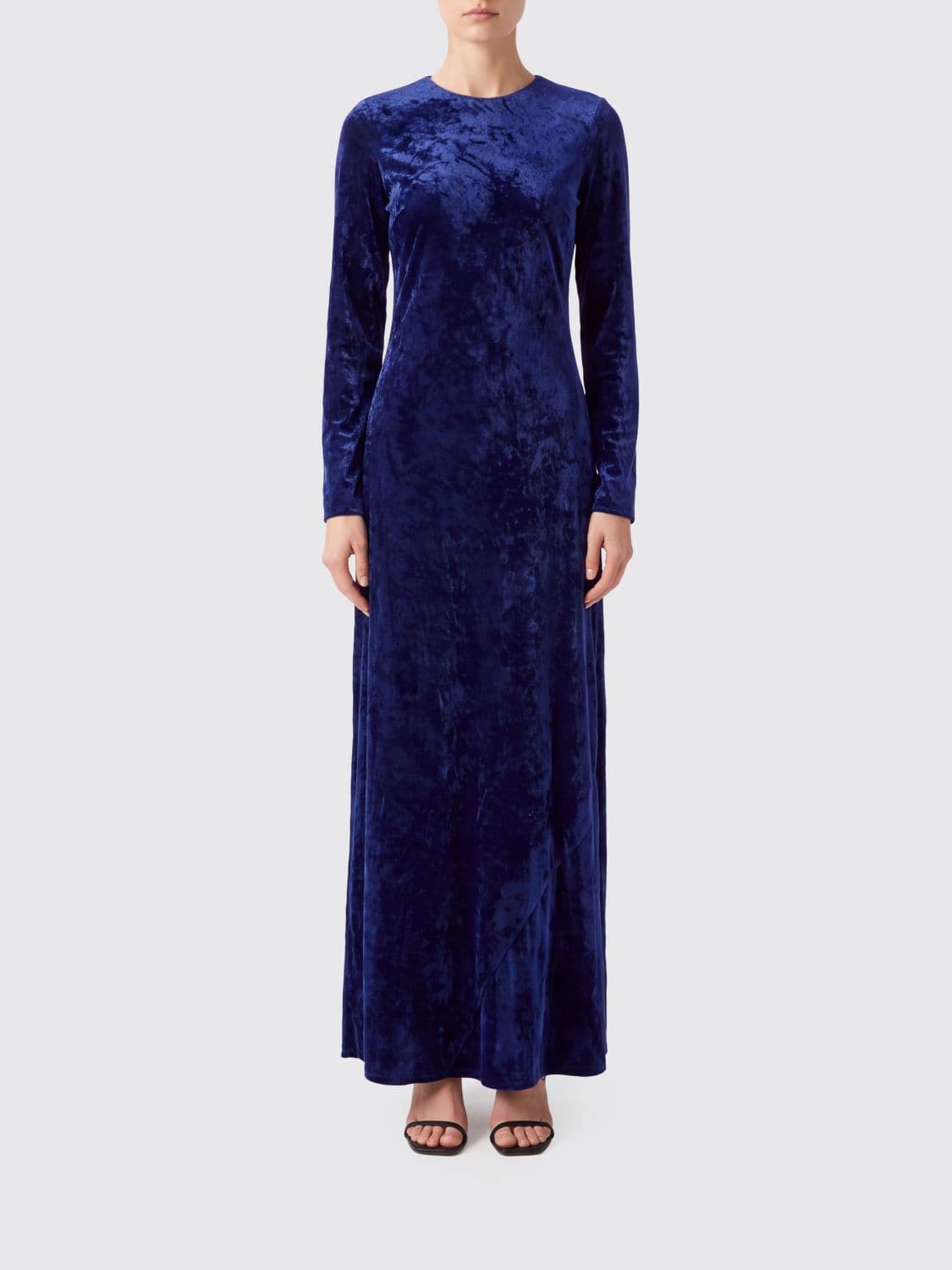 Semicouture Long Velvet Sheath Dress with Crew Neck