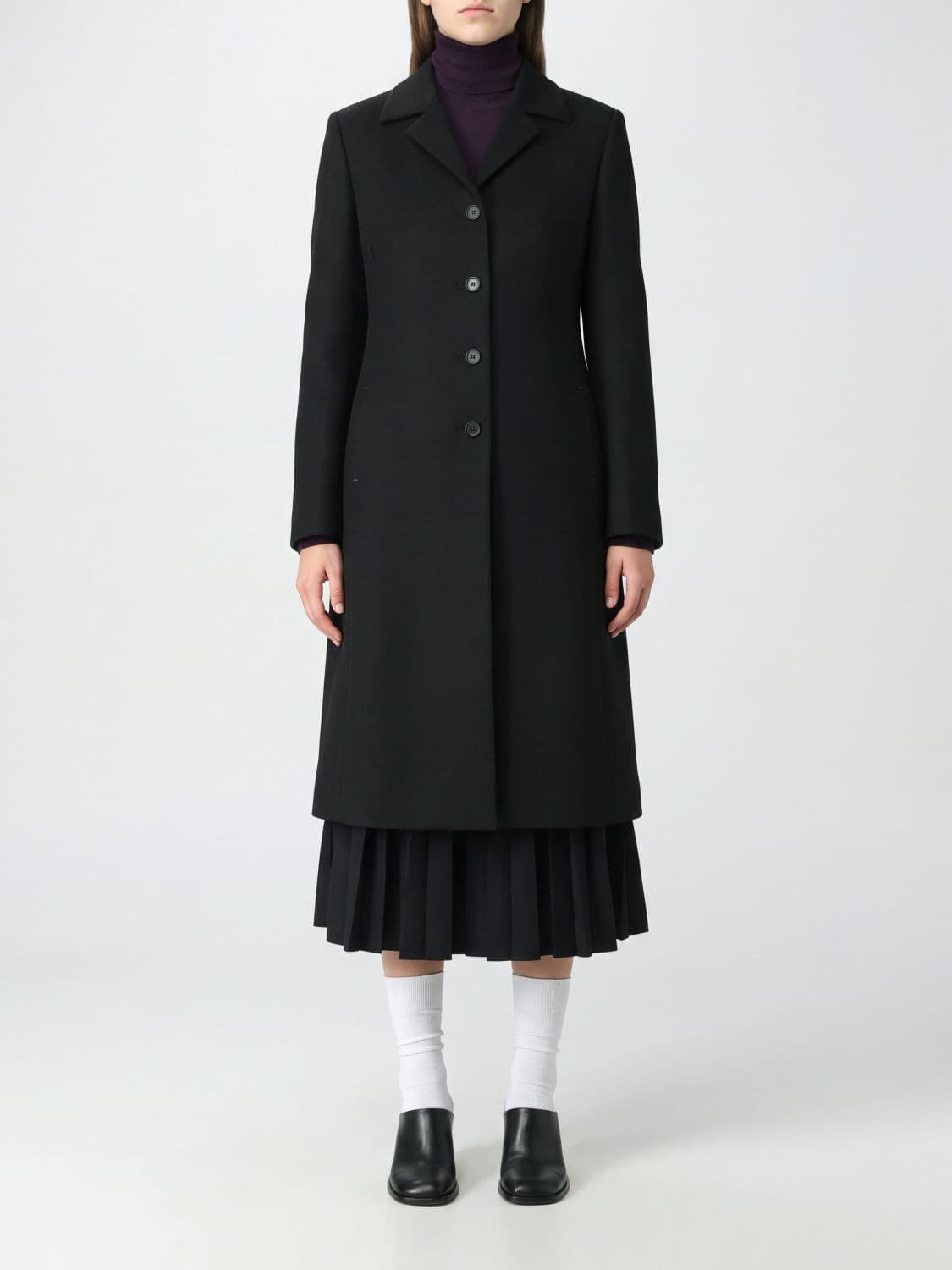 Jil Sander Single-Breasted Long Virgin Wool Coat with Lapel Collar