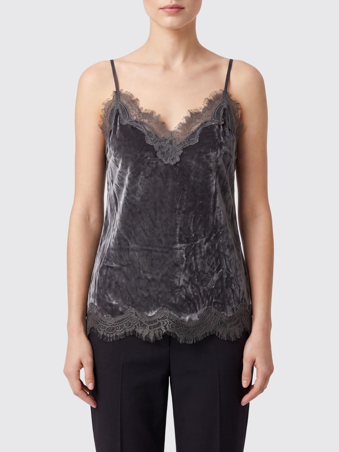 Gold Hawk Velvet Top with Lace Inserts and V-Neck