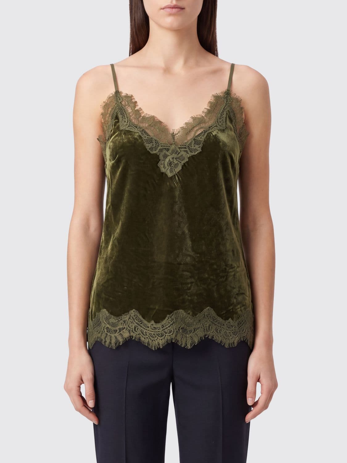 Gold Hawk Velvet Top with Lace Inserts and V-Neck
