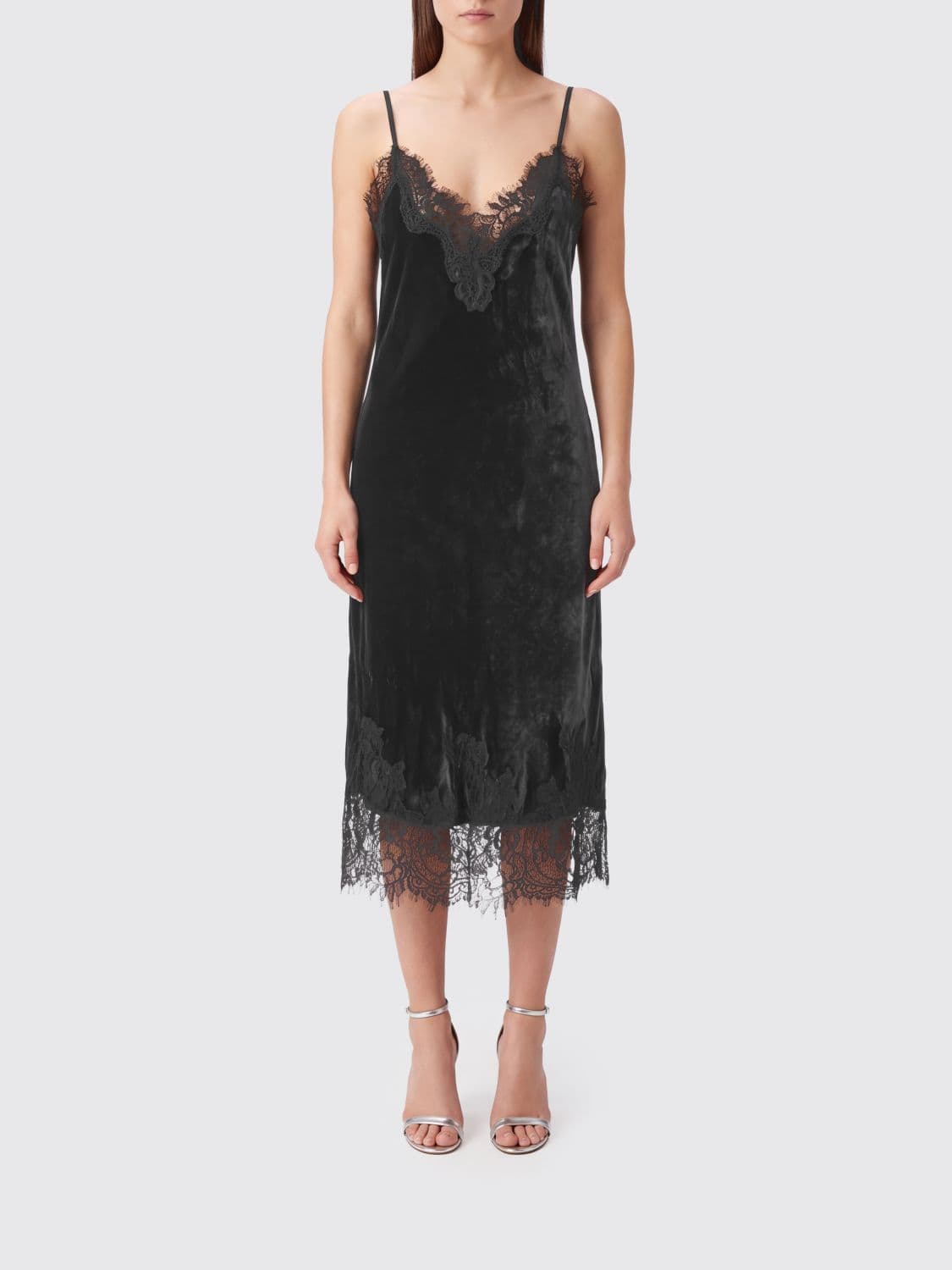Gold Hawk Lace-Insert Velvet Slip Mini Dress