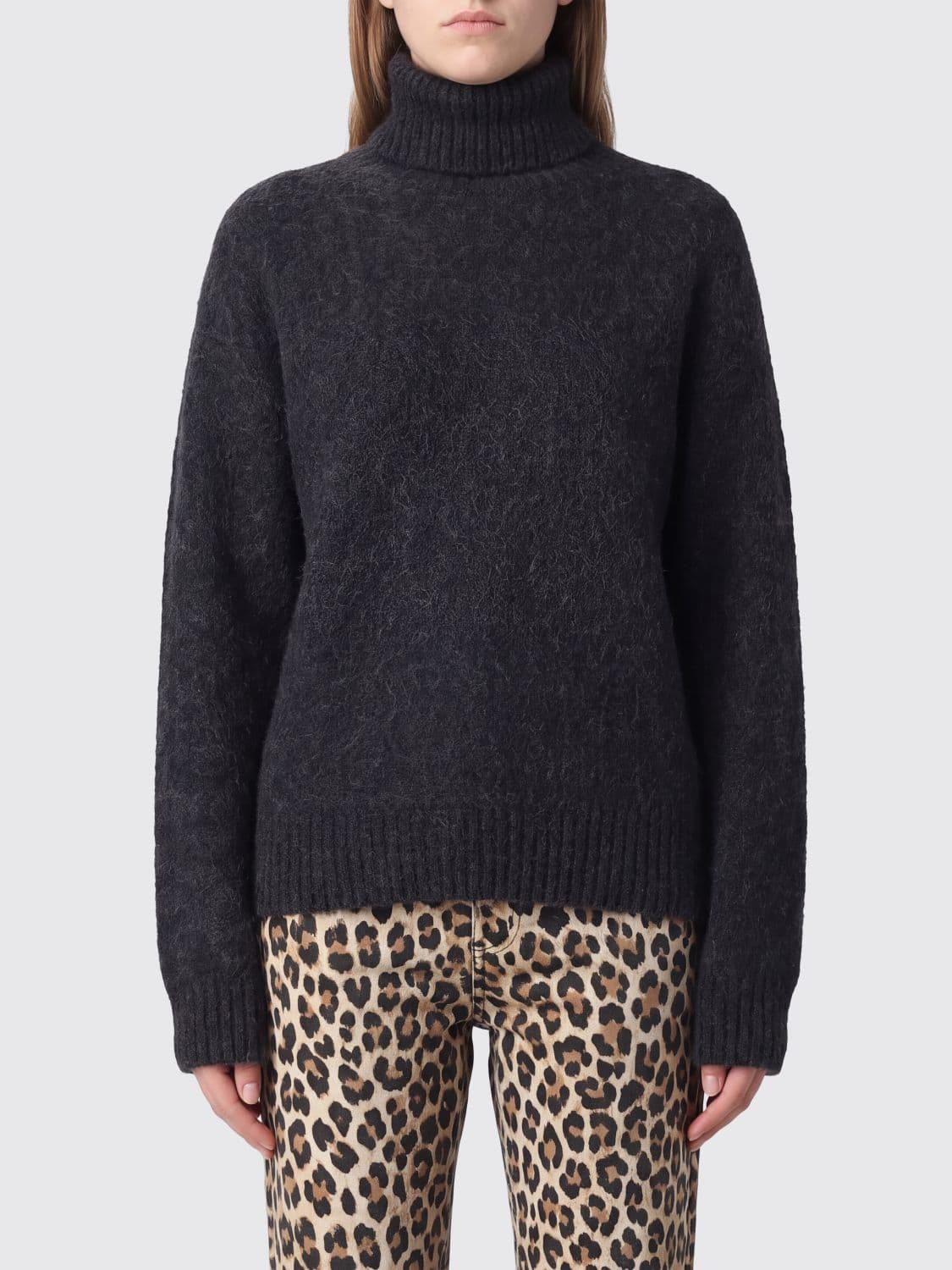 Ganni Patterned Turtleneck Jumper in Wool and Mohair Blend with Dropped Shoulders