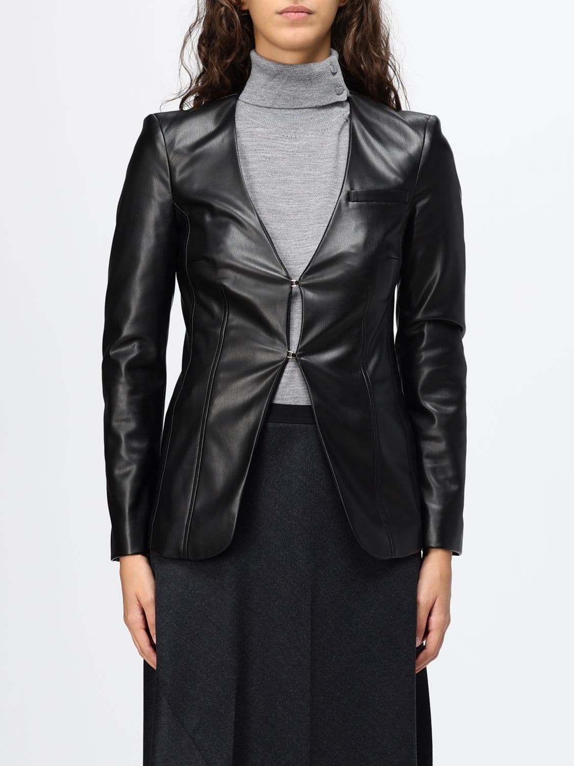 Liu Jo Slim Fit Cropped Faux Leather Blazer with Deep V-Neck