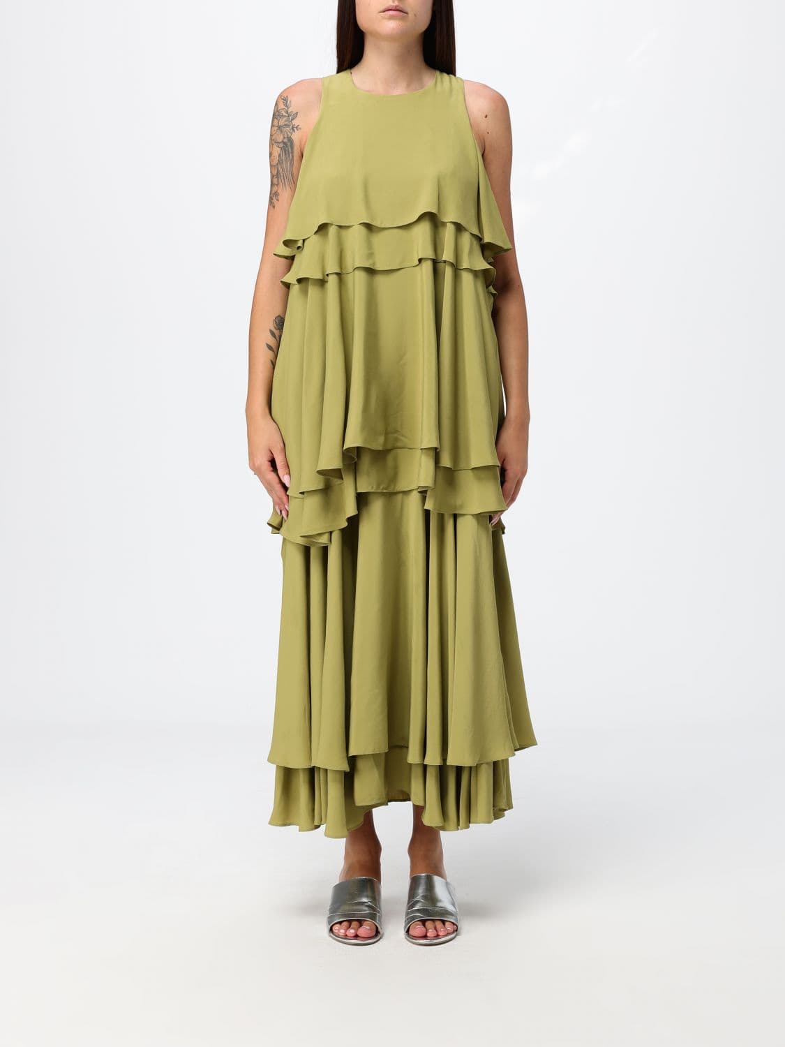 Ami Paris Silk Blend Long Dress with Ruffles