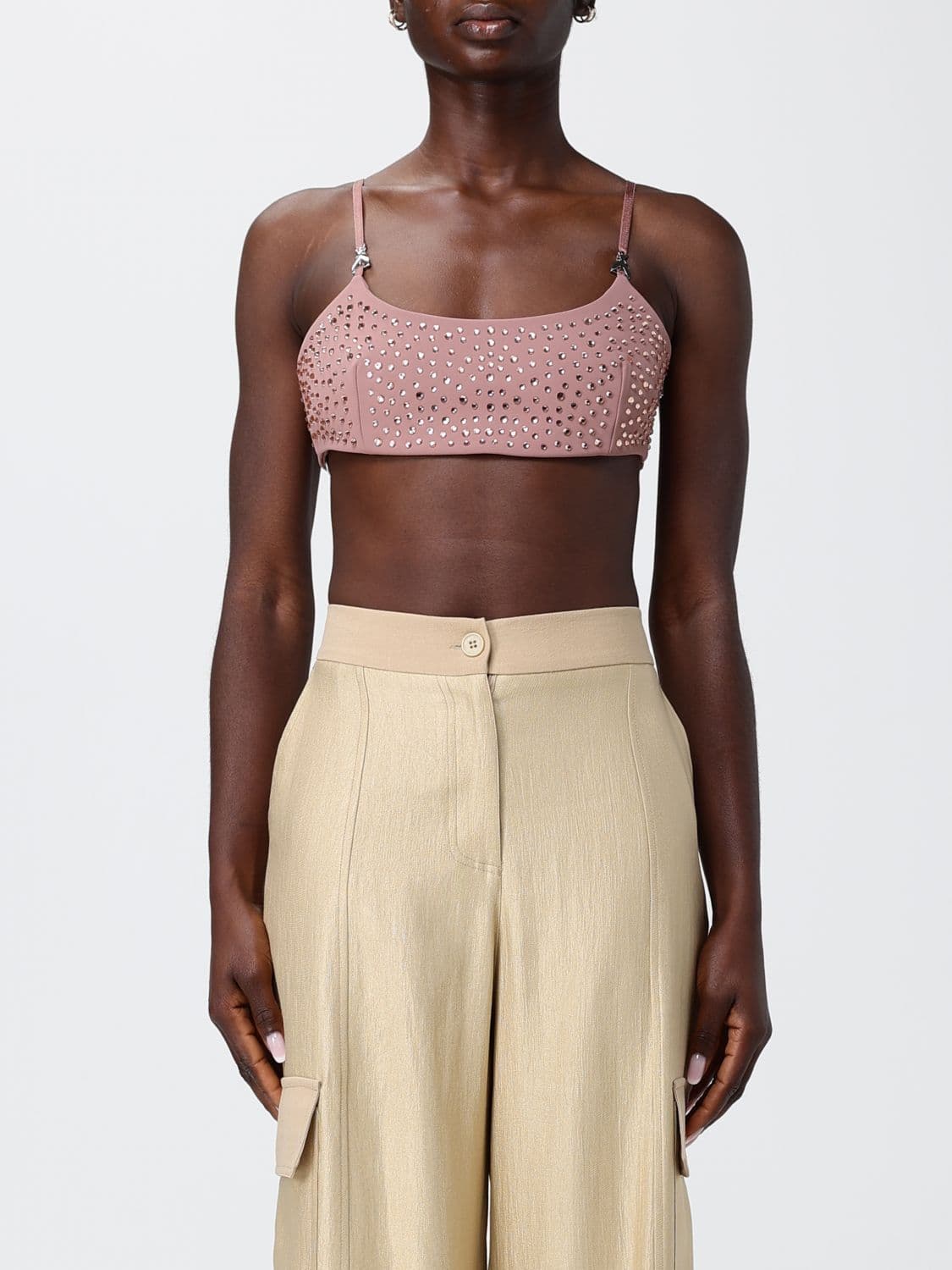 Patrizia Pepe Cropped Crêpe Bralette Top with Rhinestones and Square Neck