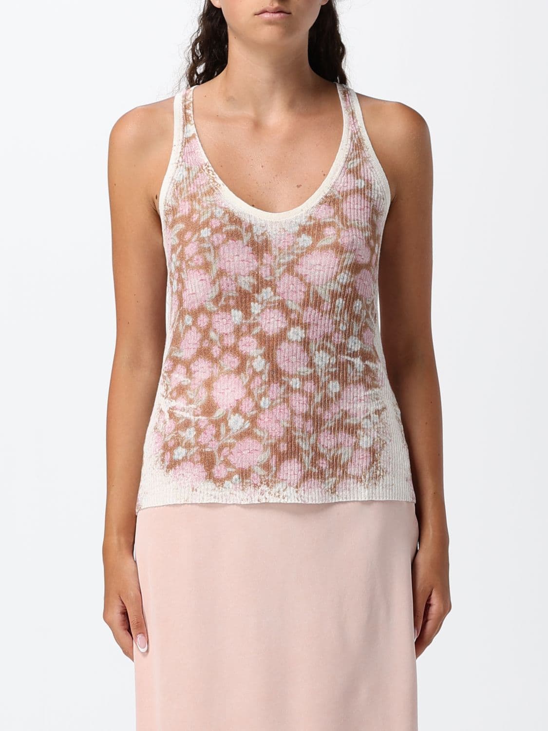 Diesel Floral Print Ribbed Linen Knit Slim Fit Top