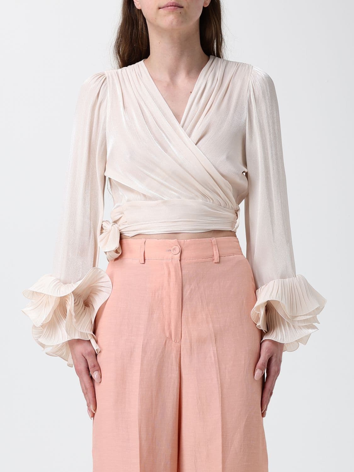 Hanita Cropped Draped Satin V-Neck Blouse with Flared Sleeves