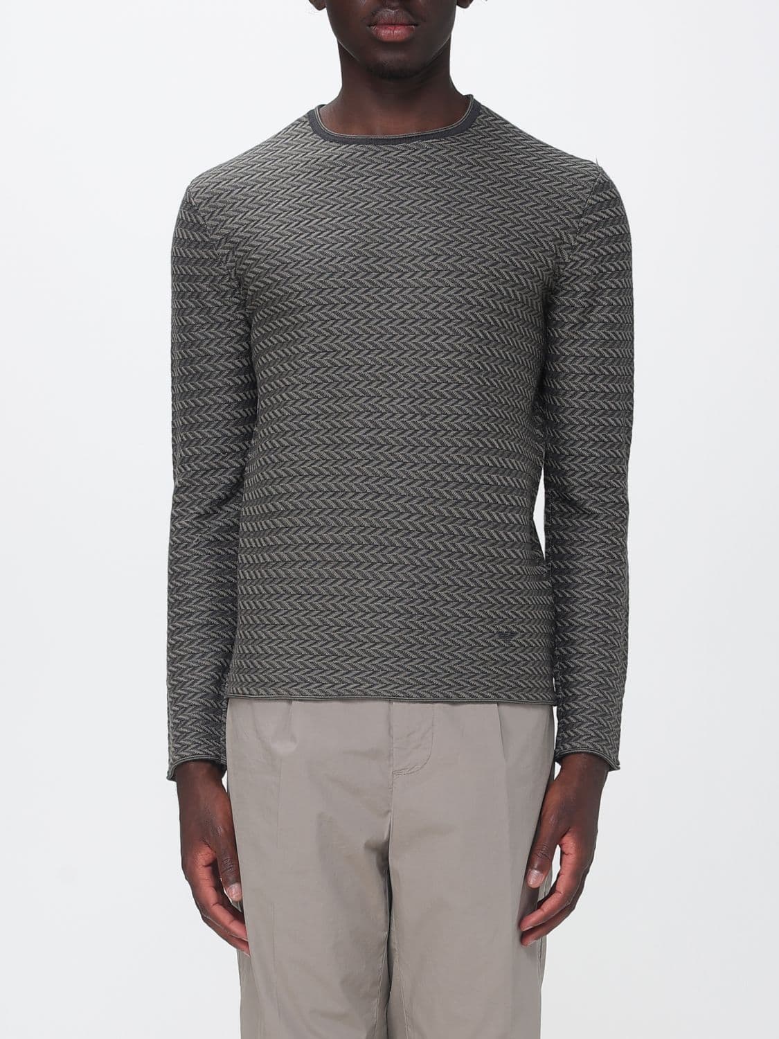 Emporio Armani Slim Fit Zig-Zag Virgin Wool Jumper with Embroidered Logo