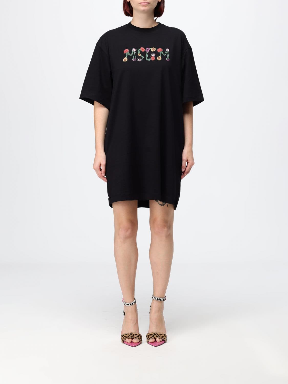 Msgm Cotton Mini T-Shirt Dress with Contrast Logo and Dropped Shoulders
