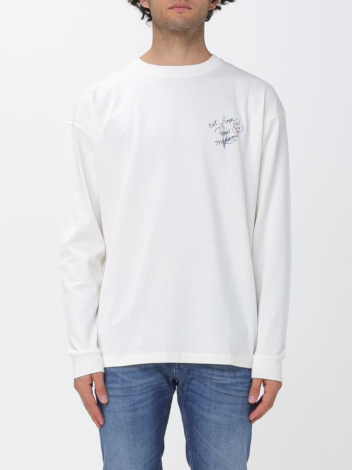 Drôle De Monsieur Long-Sleeved Cotton T-shirt with Logo and Slogan Print