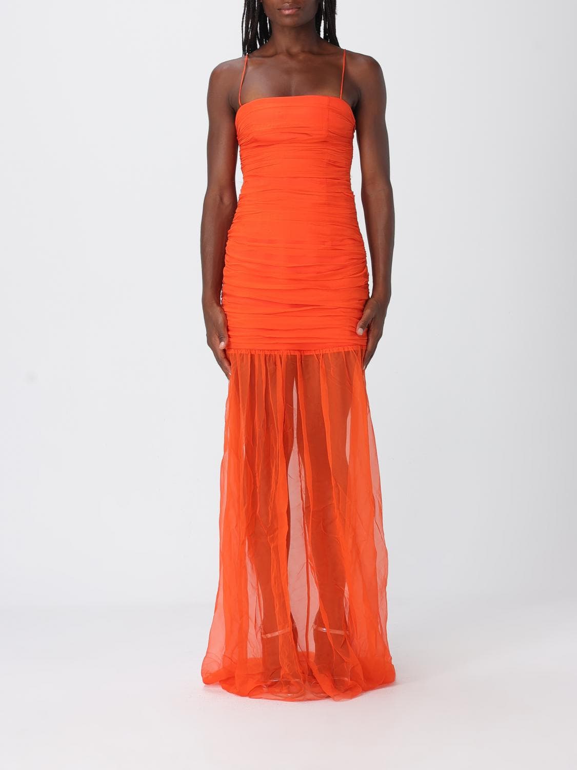 Raquel Diniz Long Silk Evening Gown with Square Neckline and Train