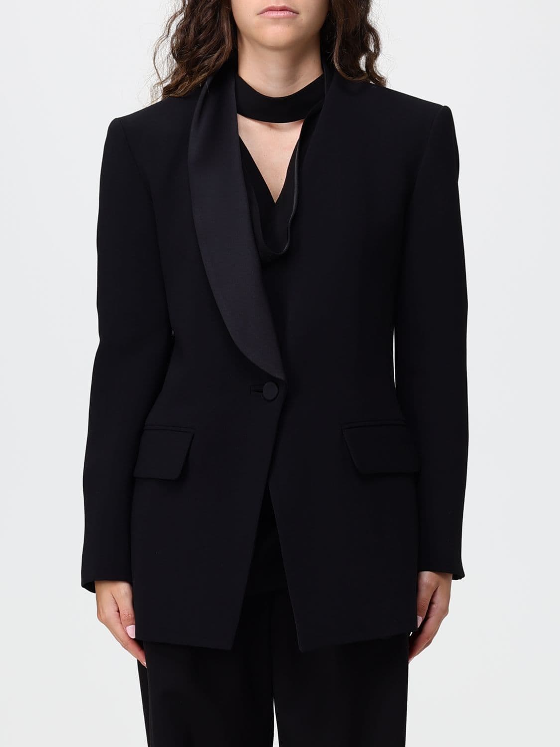 Simona Corsellini Tuxedo Blazer with Satin Shawl Collar and Lace Details