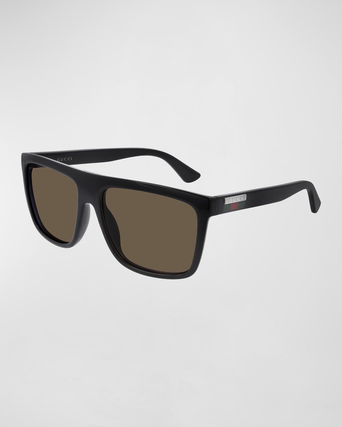 Gucci Men's Web Square Flat-Top Injection Sunglasses