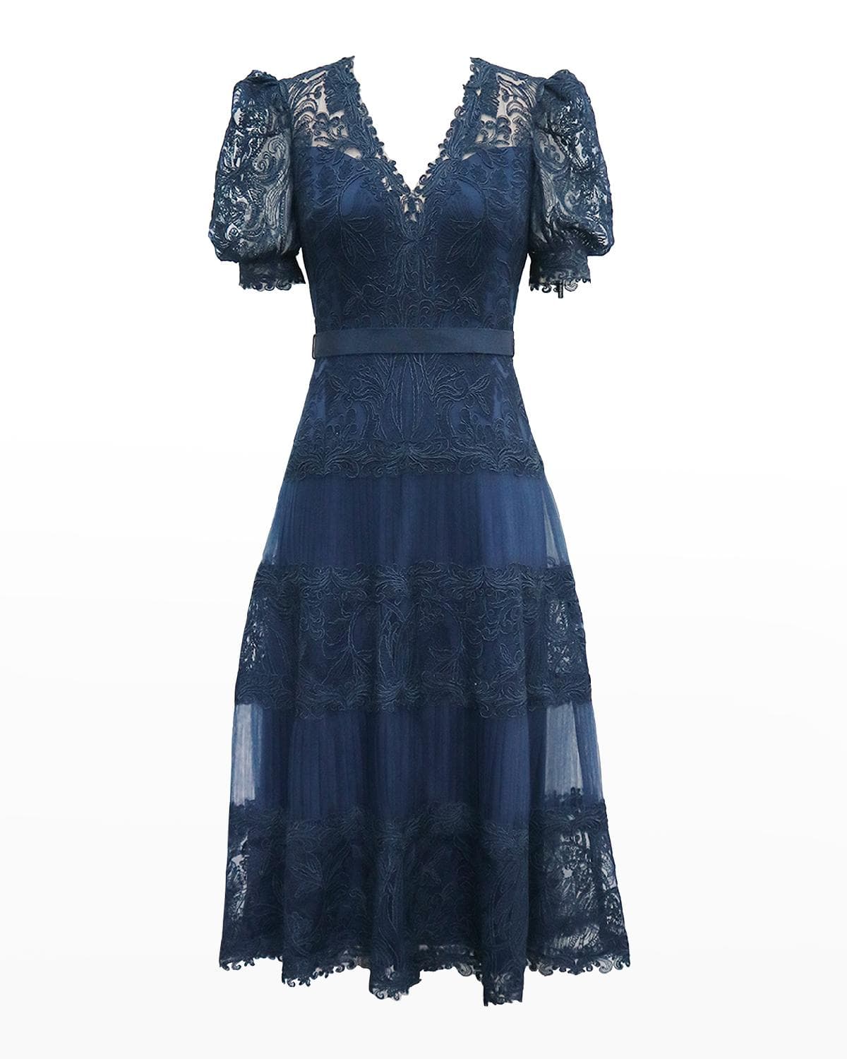 Tadashi Shoji V-Neck Short-Sleeve Lace Tiered Midi Dress · 6