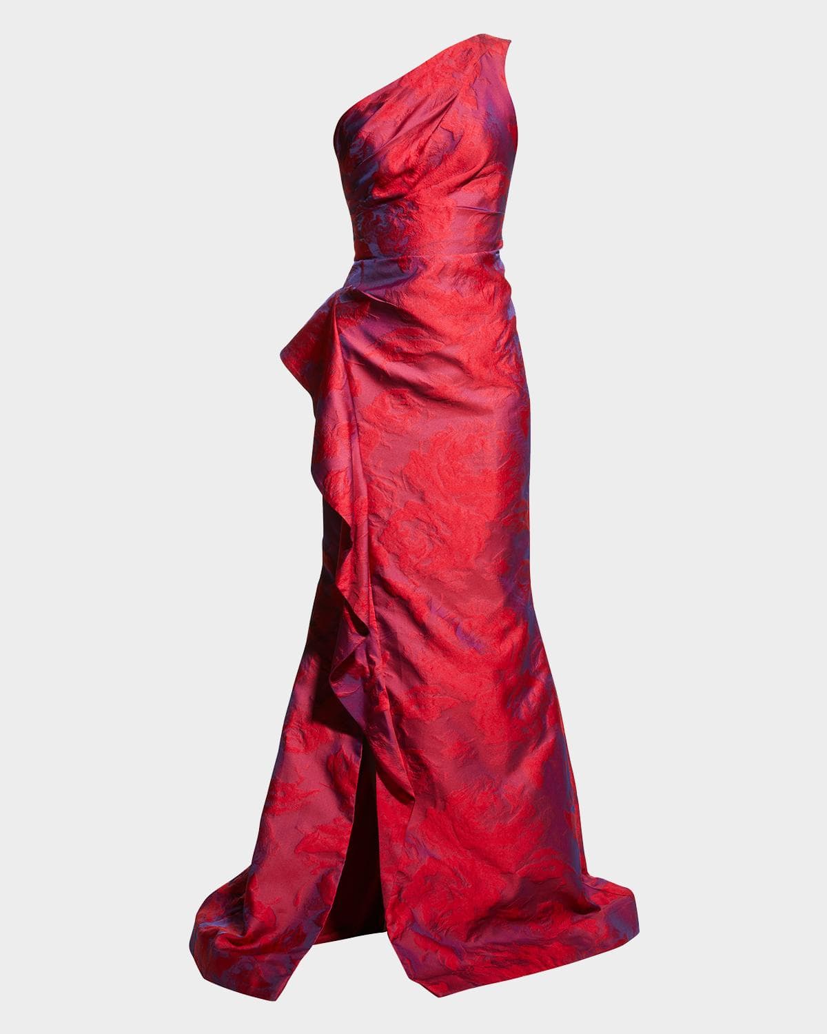 Rickie Freeman for Teri Jon One-Shoulder Side-Ruffle Gown