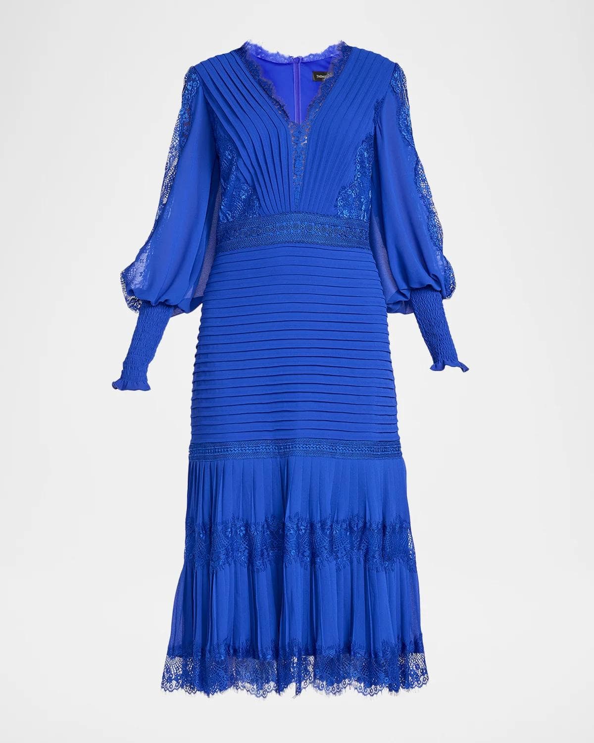 Tadashi Shoji Pleated Chiffon & Lace Bishop-Sleeve Dress