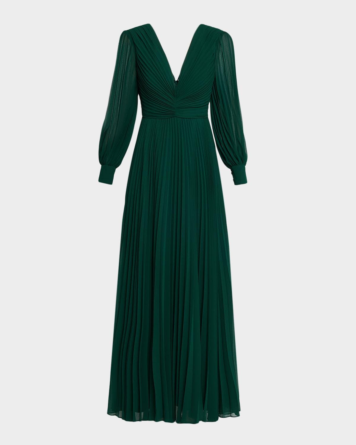 Badgley Mischka Collection Pleated Blouson-Sleeve Deep V-Neck Gown