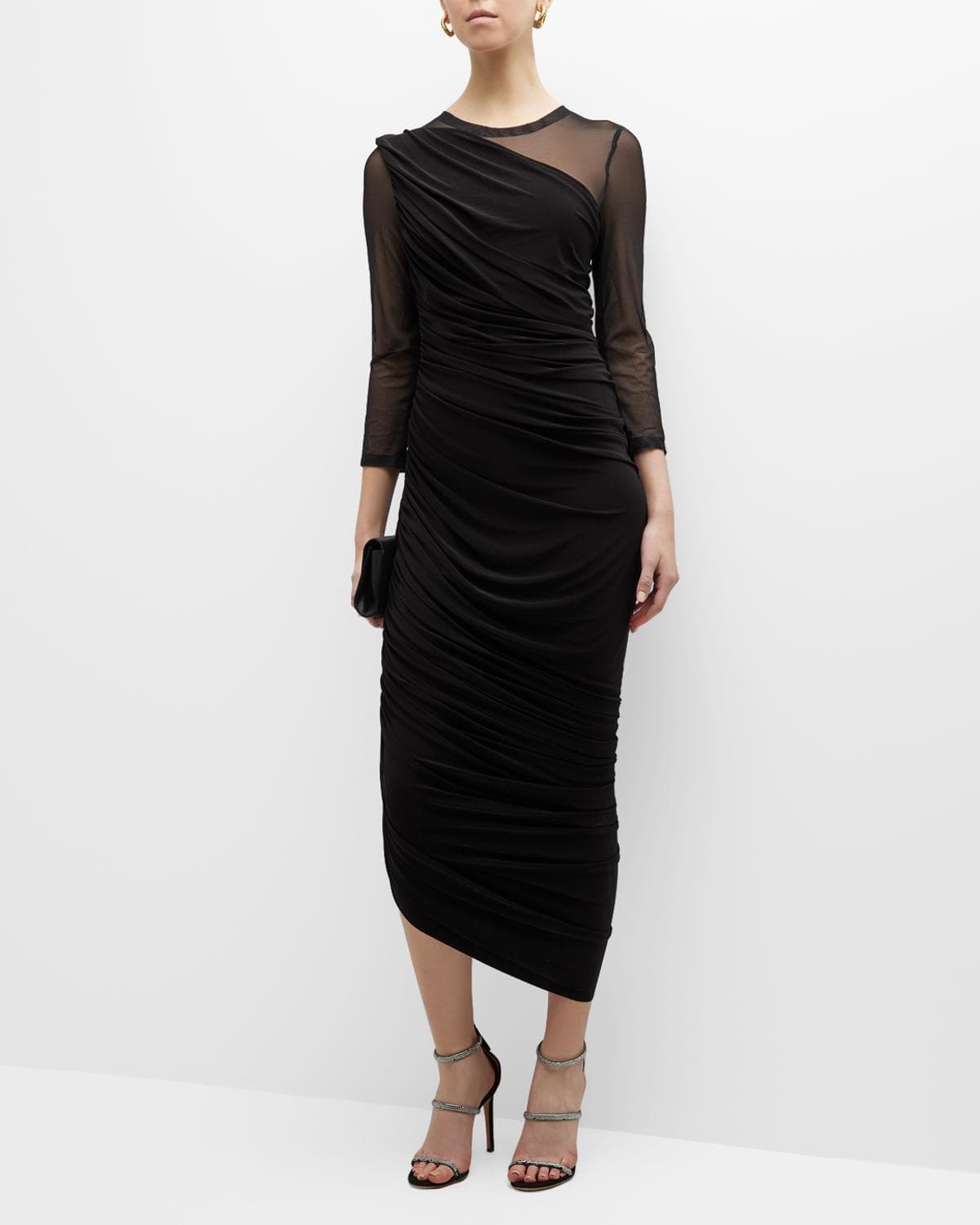 Norma Kamali Diana Long-Sleeve Asymmetric Mesh Gown · X-SMALL