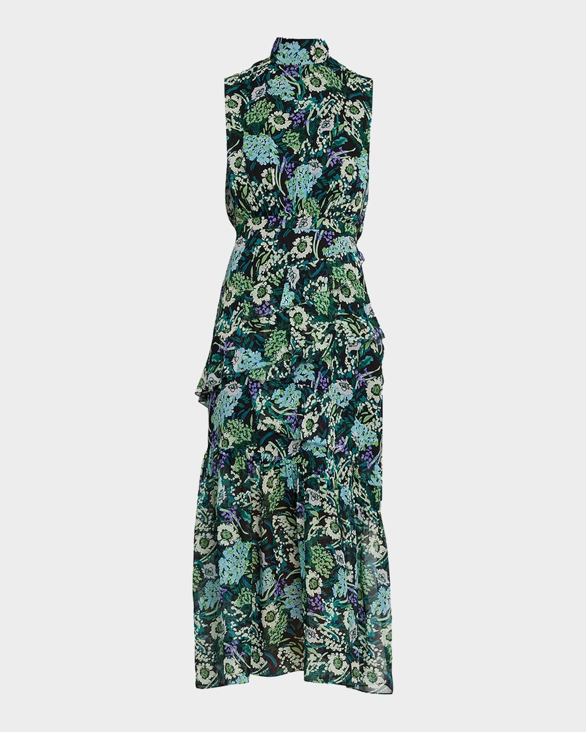 Saloni Fleur Silk Sleeveless Tiered-Ruffle Midi Dress