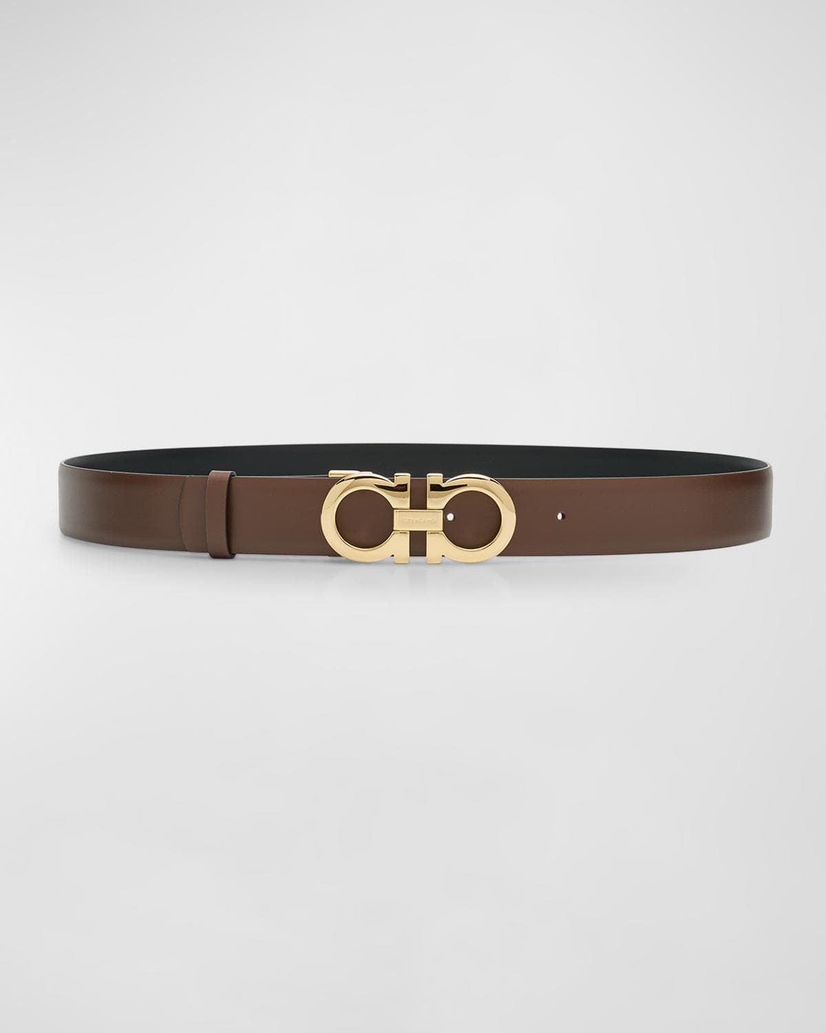 FERRAGAMO Gancini Reversible Brown Leather & Brass Belt · 40IN / 100CM
