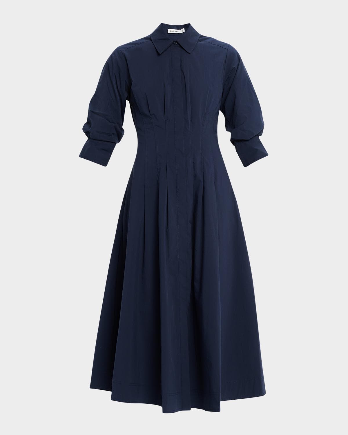 SIMKHAI Jazz Poplin Pintuck Midi Shirtdress