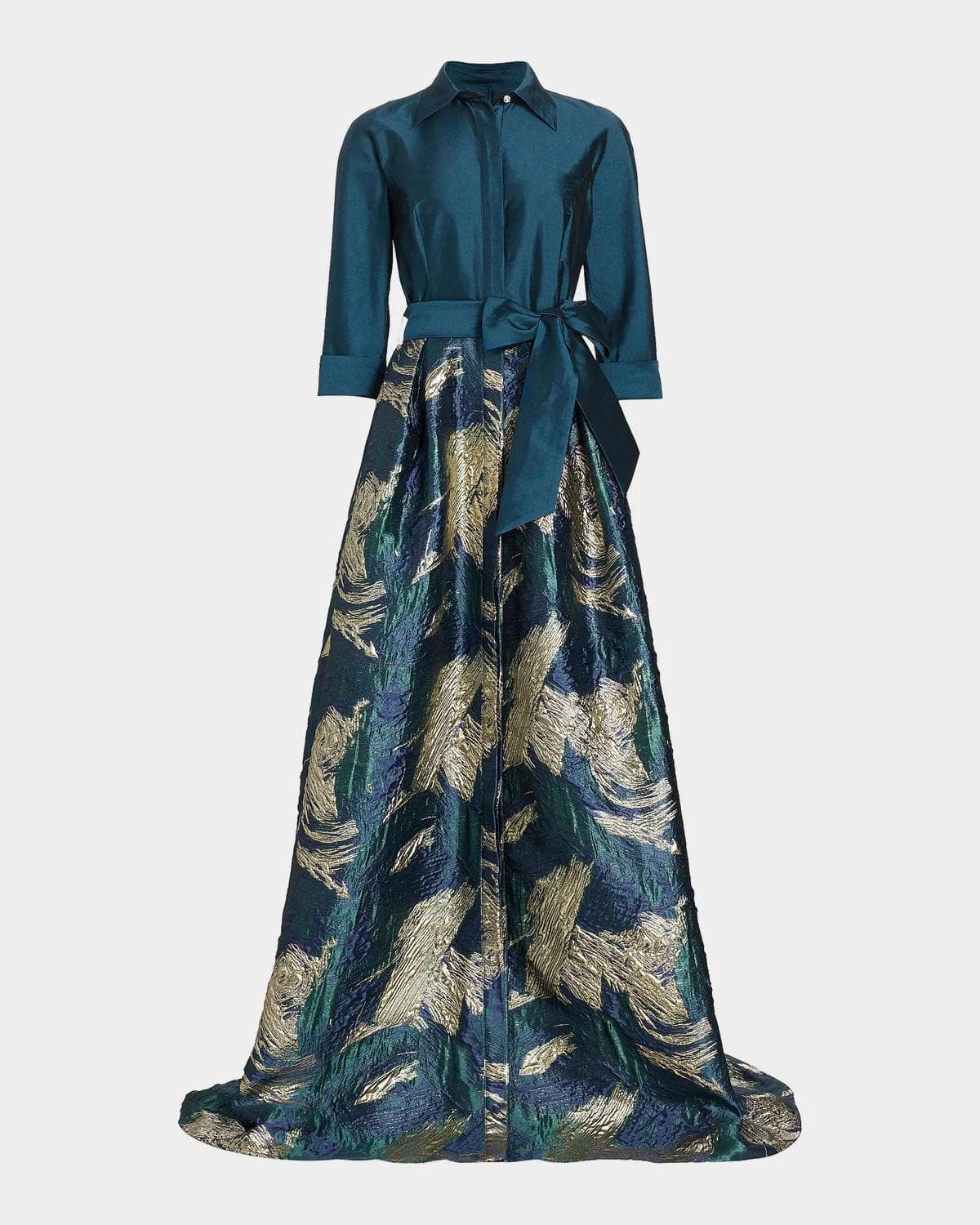 Rickie Freeman for Teri Jon A-Line Metallic Jacquard & Taffeta Shirt Gown