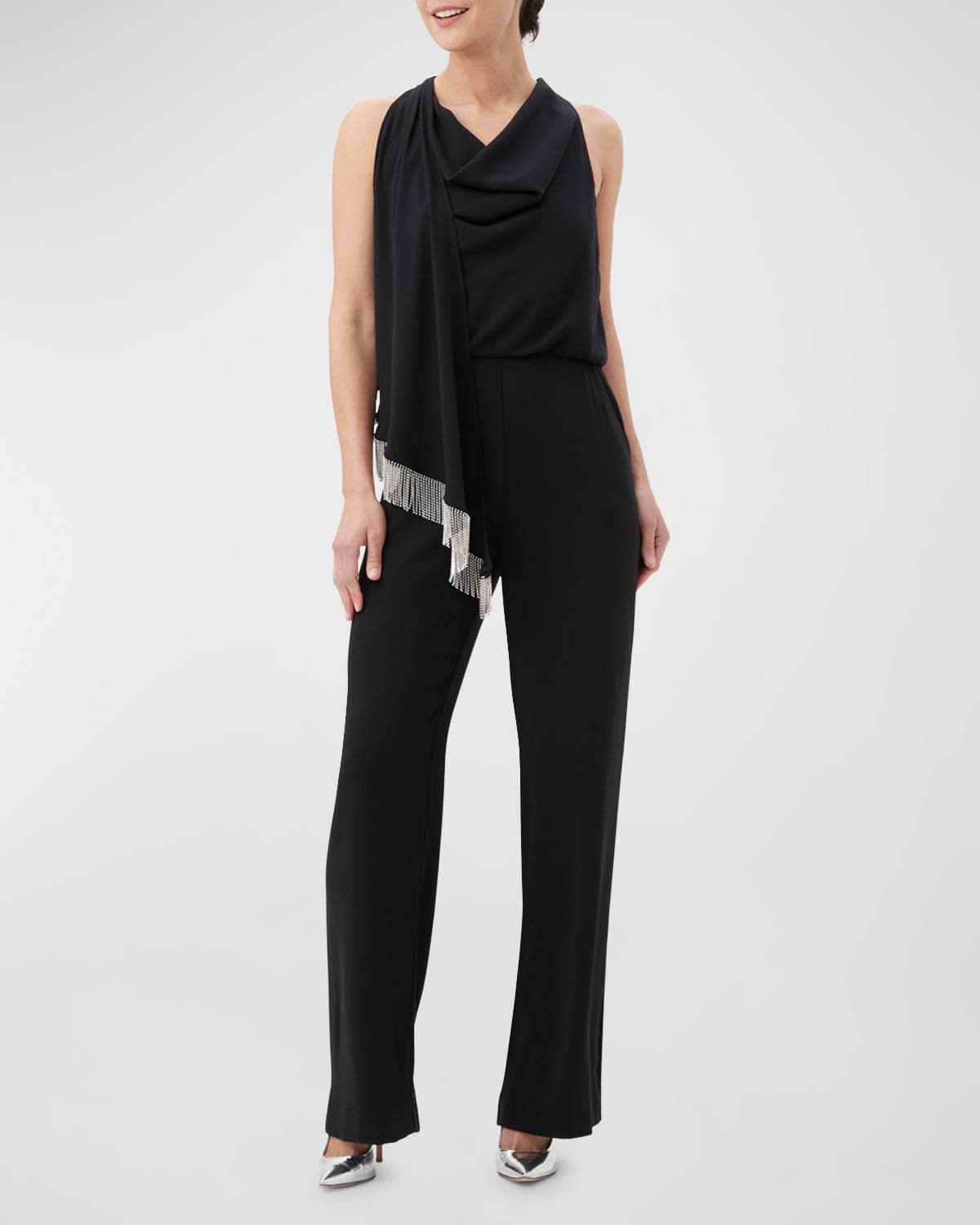 Trina Turk Momo Cowl-Neck Draped Fringe-Trim Jumpsuit · 10