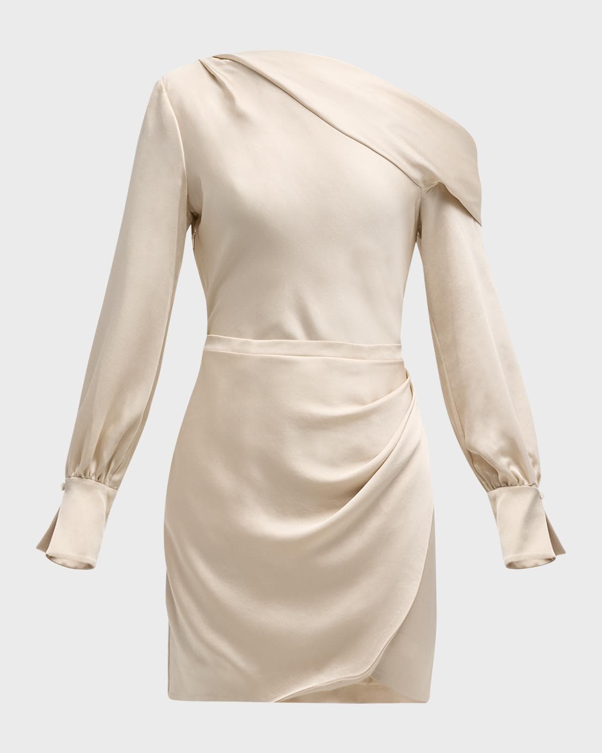 SIMKHAI Cameron One-Shoulder Wrap-Skirt Satin Mini Dress