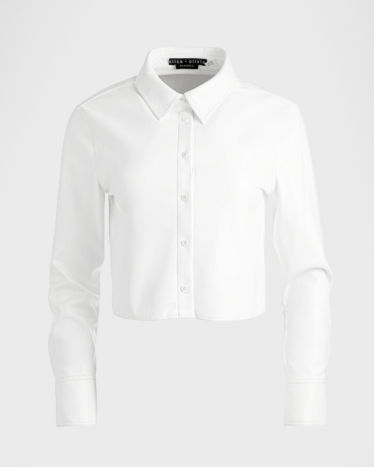 ALICE + OLIVIA Leon Cropped Vegan Leather Button-Front Shirt