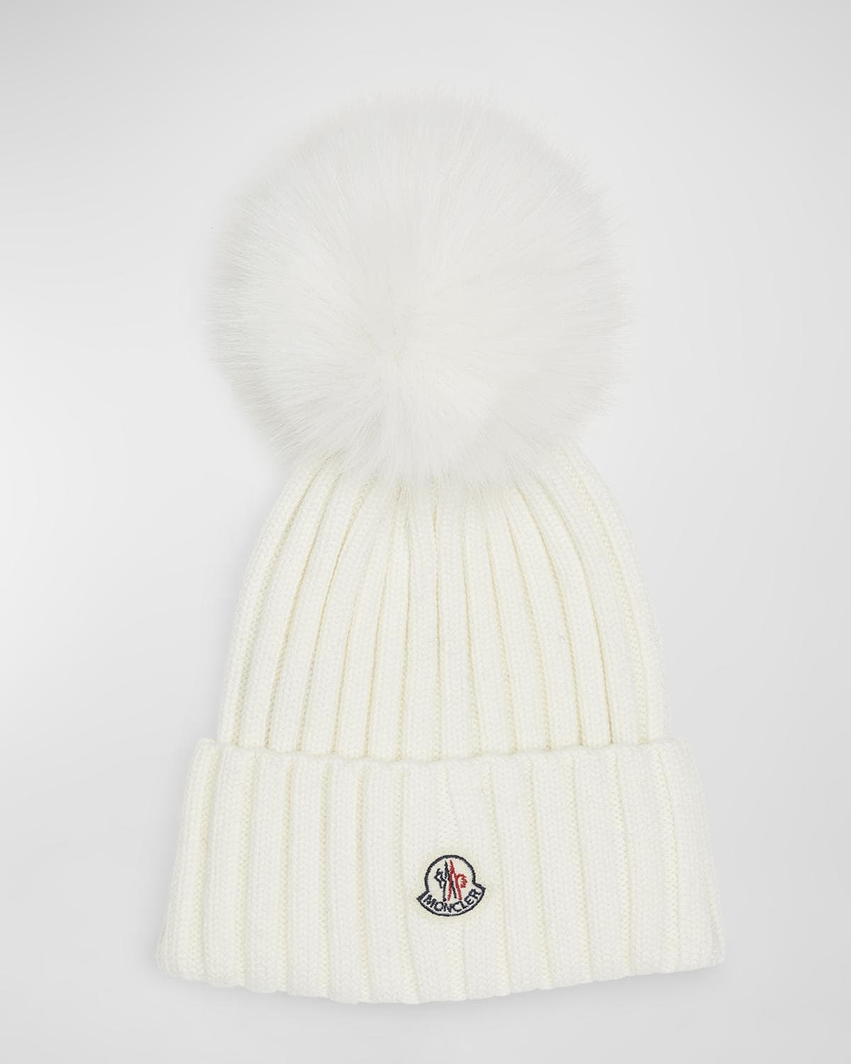 Moncler Ribbed Wool Beanie with Faux Fur Pom