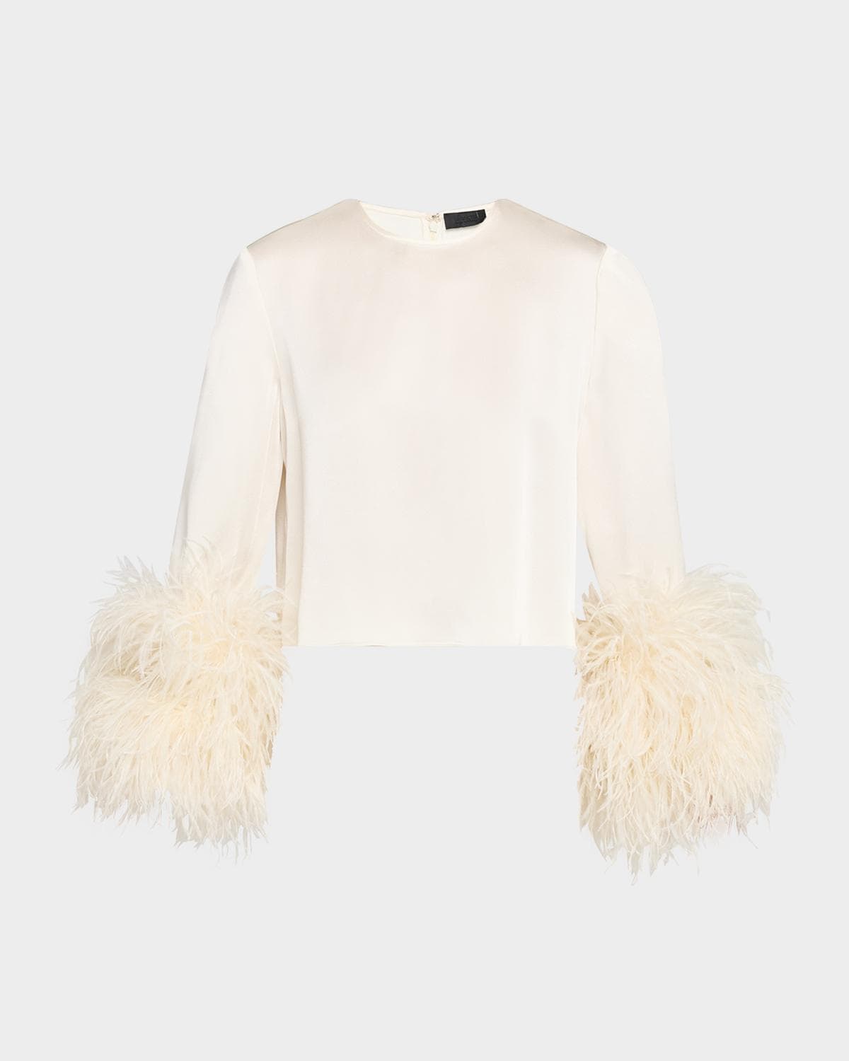 LAPOINTE Feather-Trim Long-Sleeve Crop Satin Top