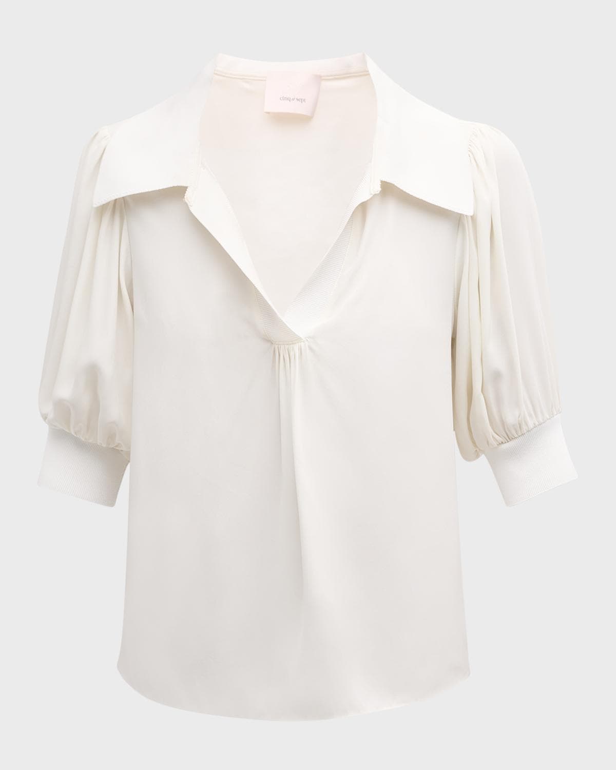 Cinq à Sept Weldon Collared V-Neck Short-Sleeve Silk Combo Top · LARGE