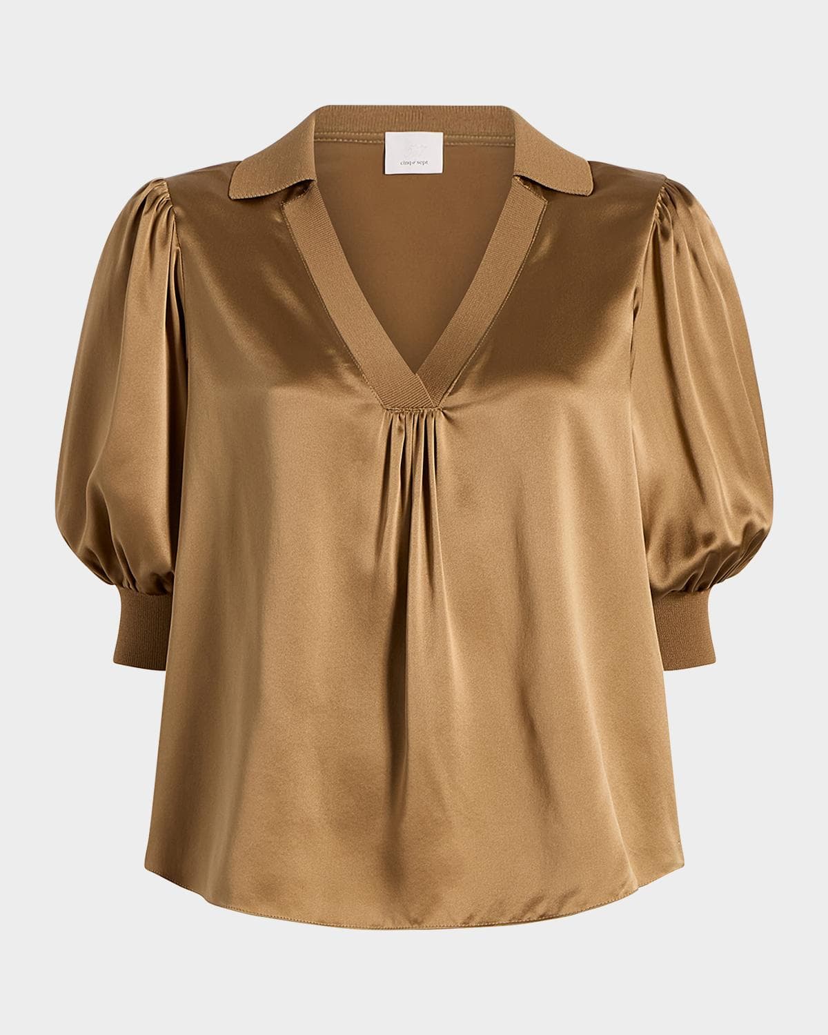 Cinq à Sept Weldon Collared V-Neck Short-Sleeve Silk Combo Top · MEDIUM