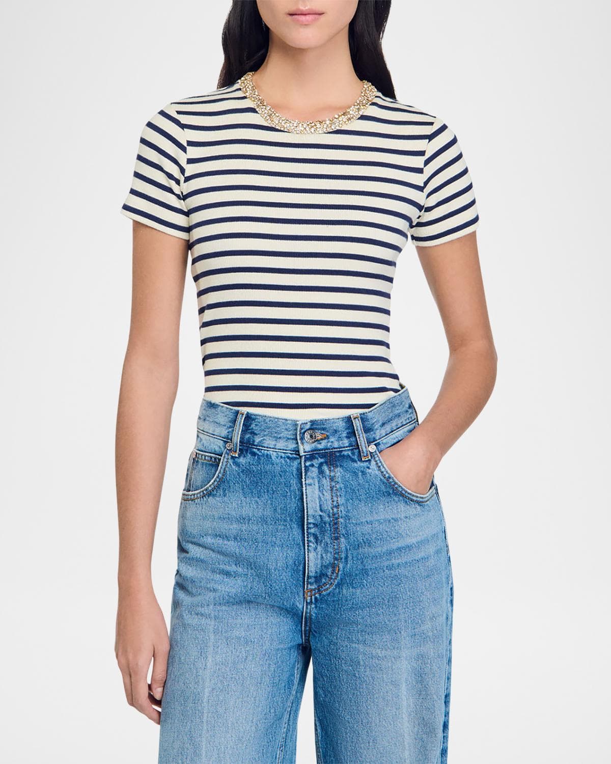 Sandro Rimini Stripe Crystal-Trim T-Shirt